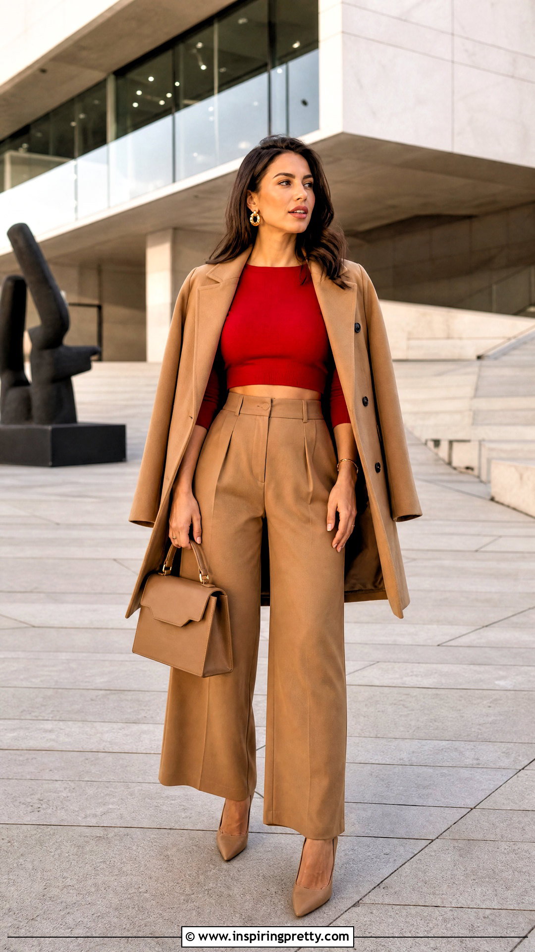 Red Kate Middleton Crop Top Outfit With Camel Trousers - 20 kate middleton crop top outfit ideas