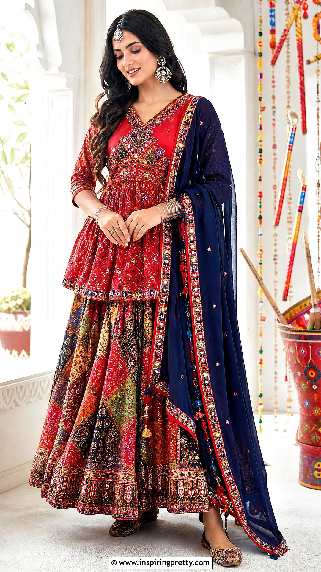 Red Kediyu With Printed Chaniya - 50 Kediyu Top For Navratri outfit ideas