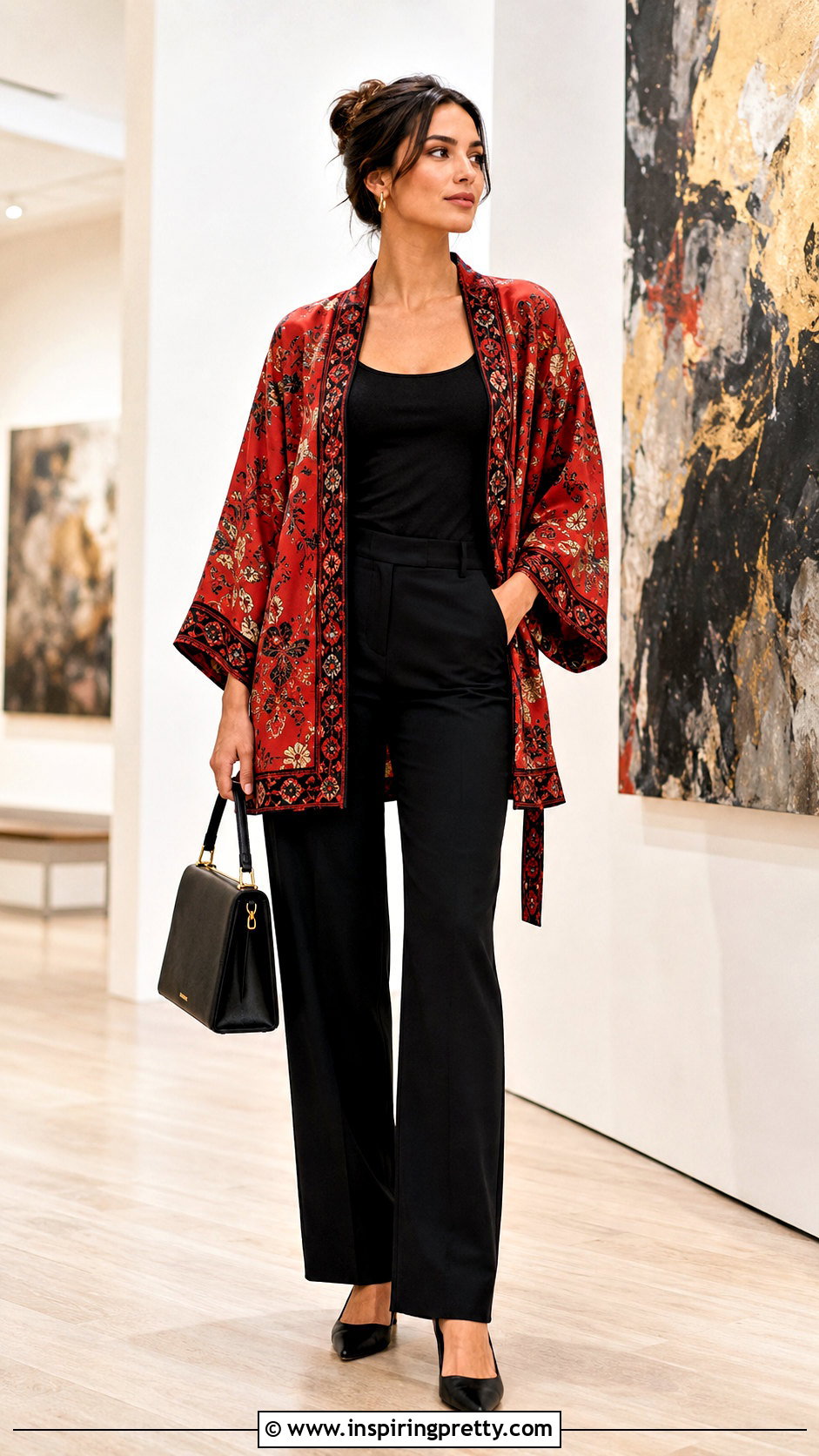 Red Kimono Top With An All Black Outfit - 50 kimono top outfit ideas