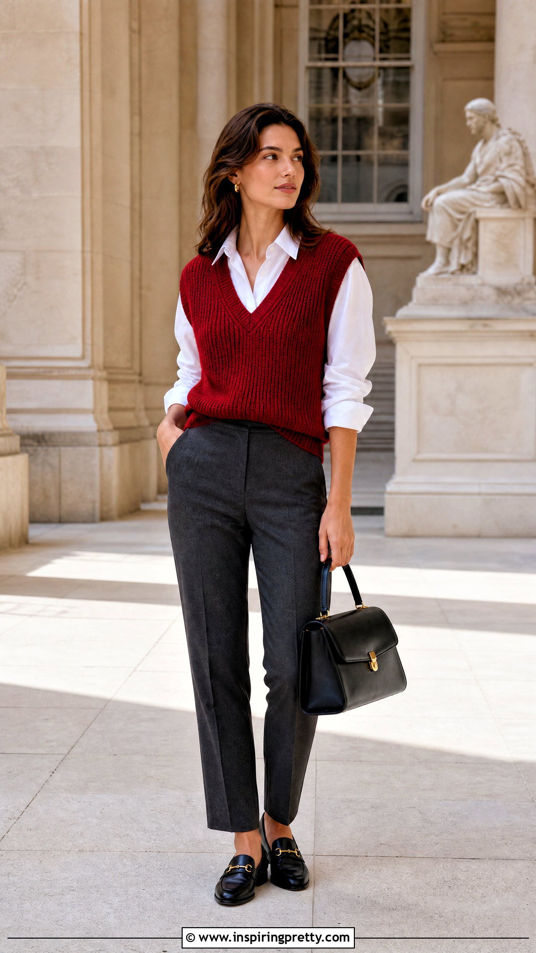 Red Knit Vest With White Shirt And Trousers - 50 red tops outfit ideas