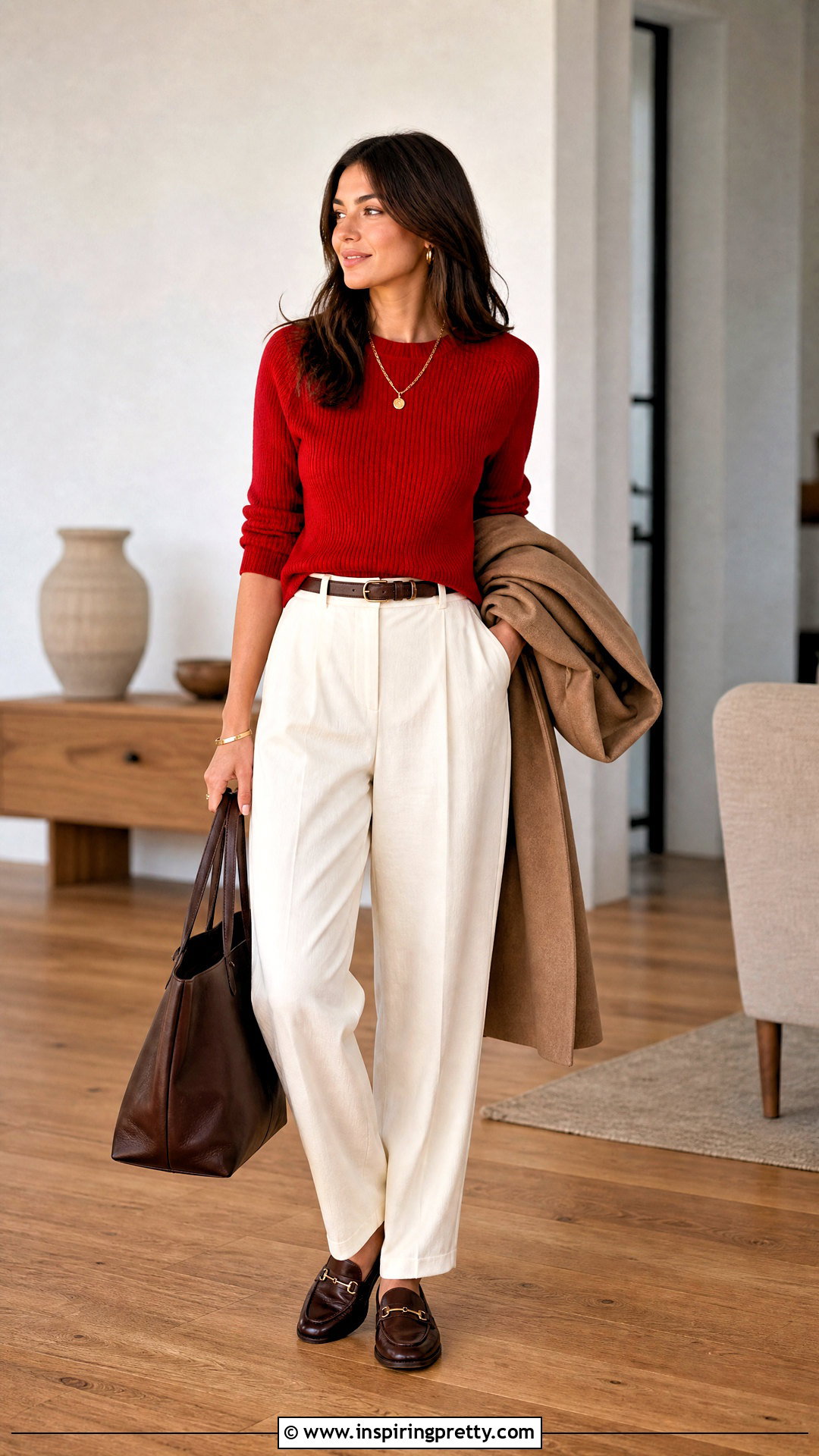 Red Knitted Top With Cream Trousers - 20 Red Knitted Top On Wooden Floor ideas