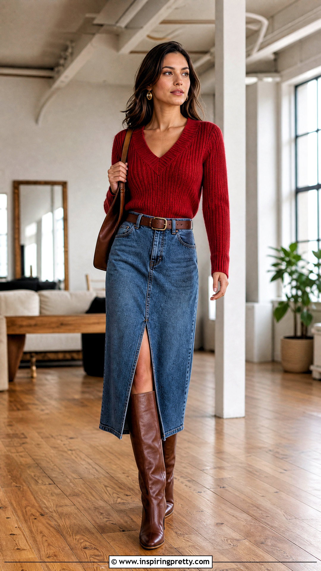 Red Knitted Top With Denim Midi Skirt - 20 Red Knitted Top On Wooden Floor ideas