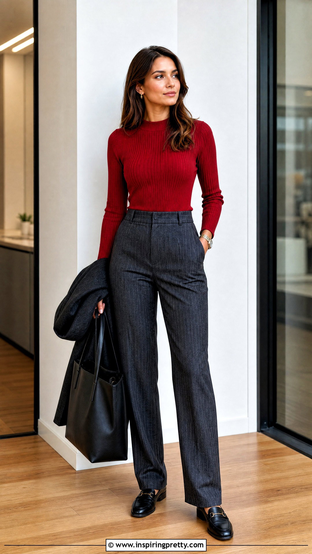 Red Knitted Top With Pinstripe Pants - 20 Red Knitted Top On Wooden Floor ideas