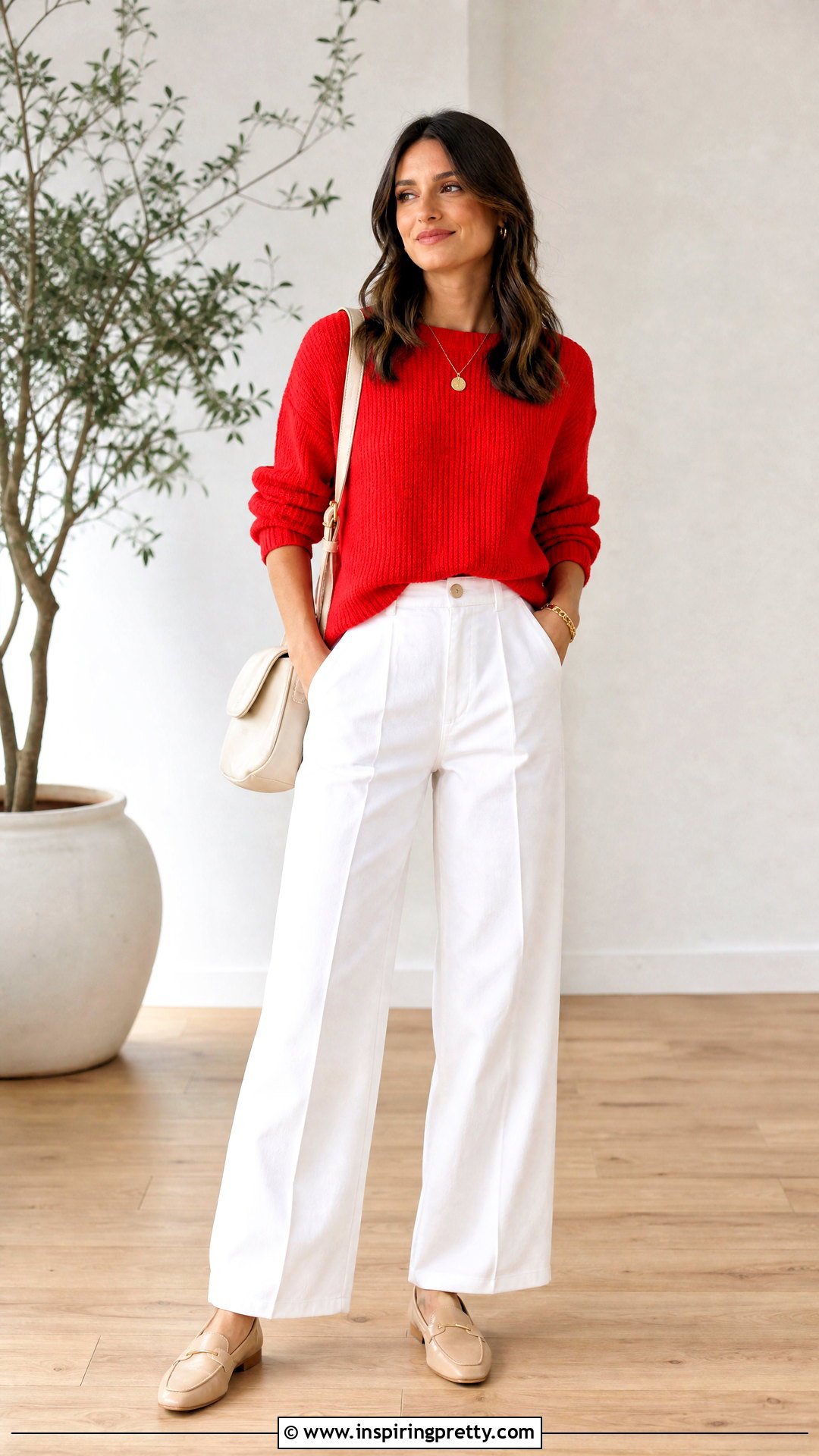 Red Knitted Top With White Wide Leg Pants - 20 Red Knitted Top On Wooden Floor ideas