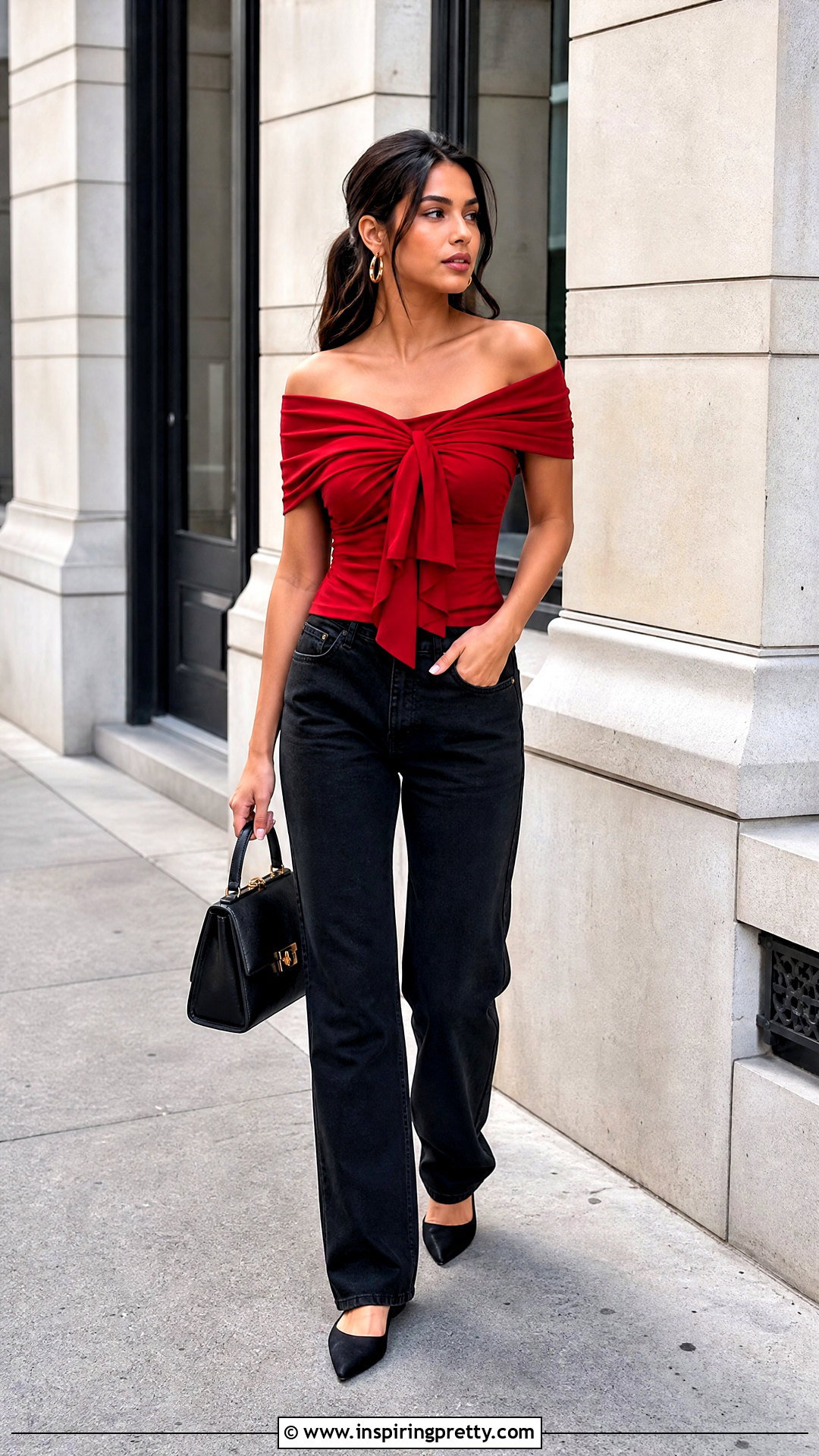 Red Knot Off The Shoulder Top With Black Jeans - 20 Knot Off The Shoulder Top outfit ideas