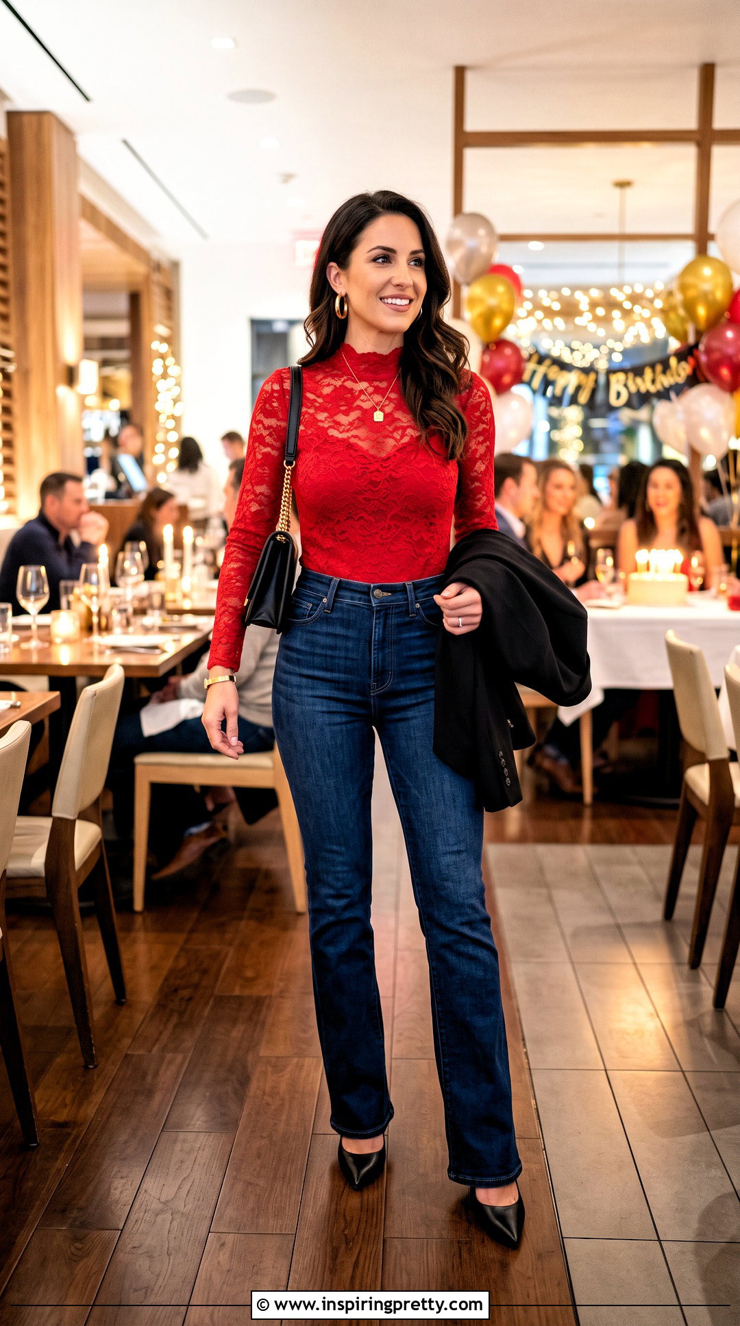 Red Lace Bodysuit With High Waisted Jeans - 50 red lace top outfit ideas