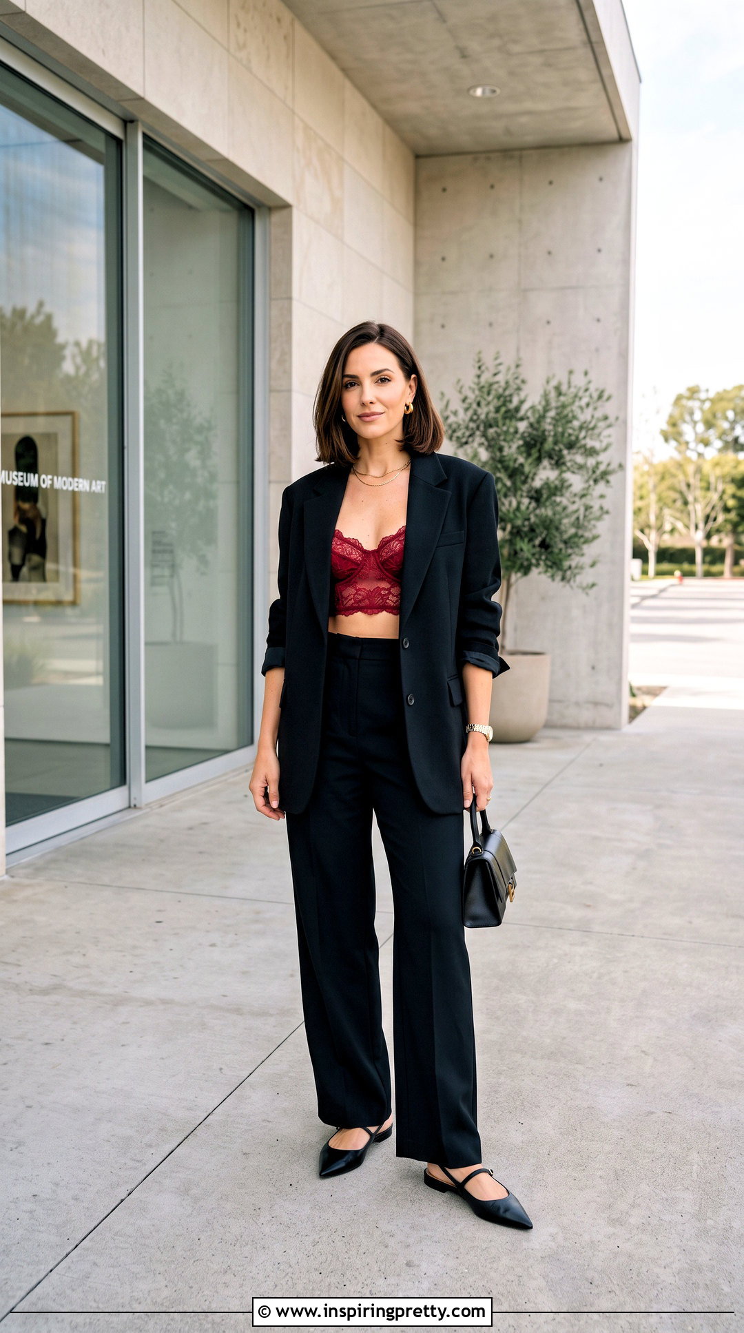 Red Lace Bra Top With Black Tailored Pants - 20 lace bra tops