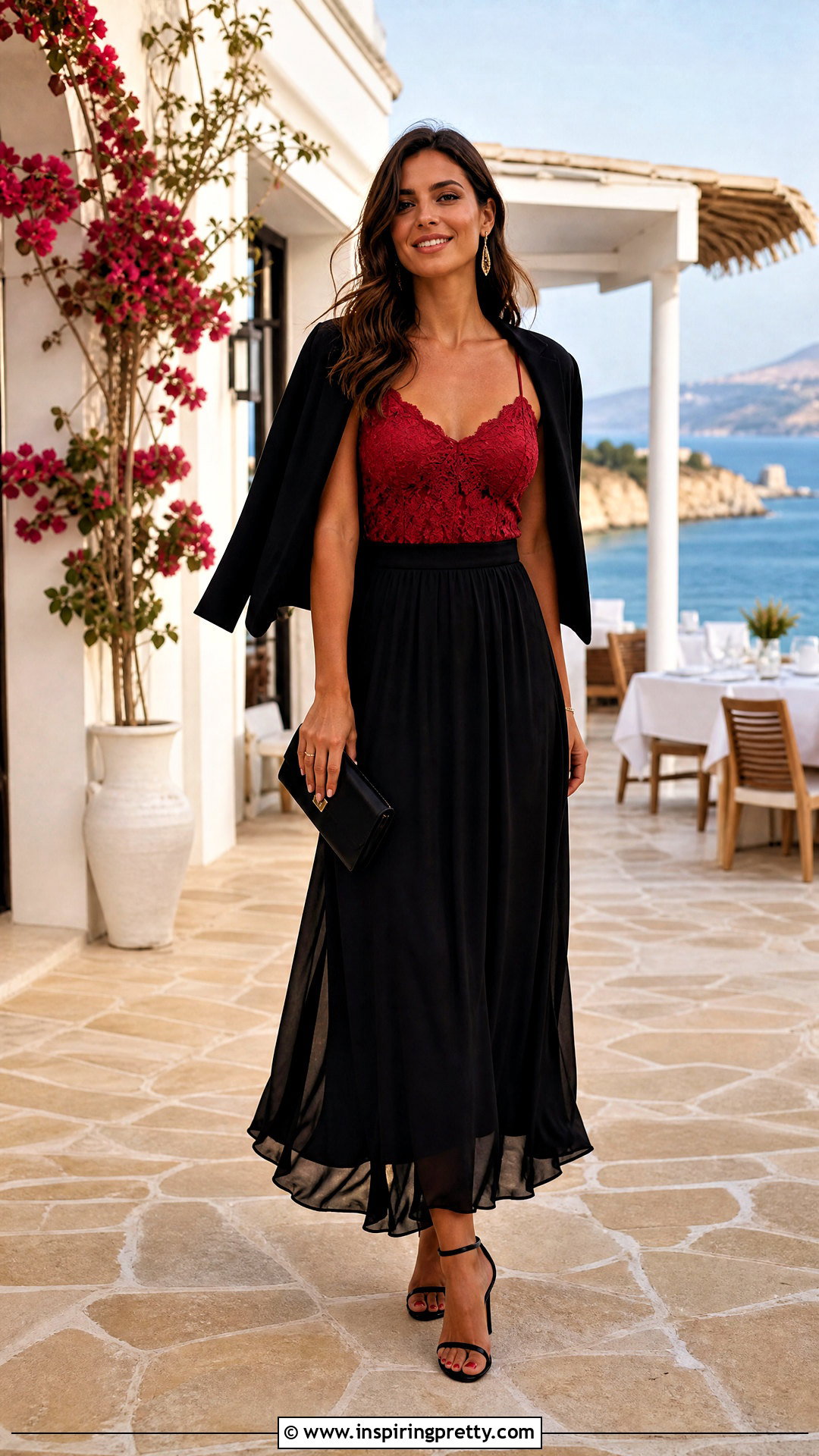 Red Lace Camisole With Black Maxi Skirt - 50 red lace top outfit ideas
