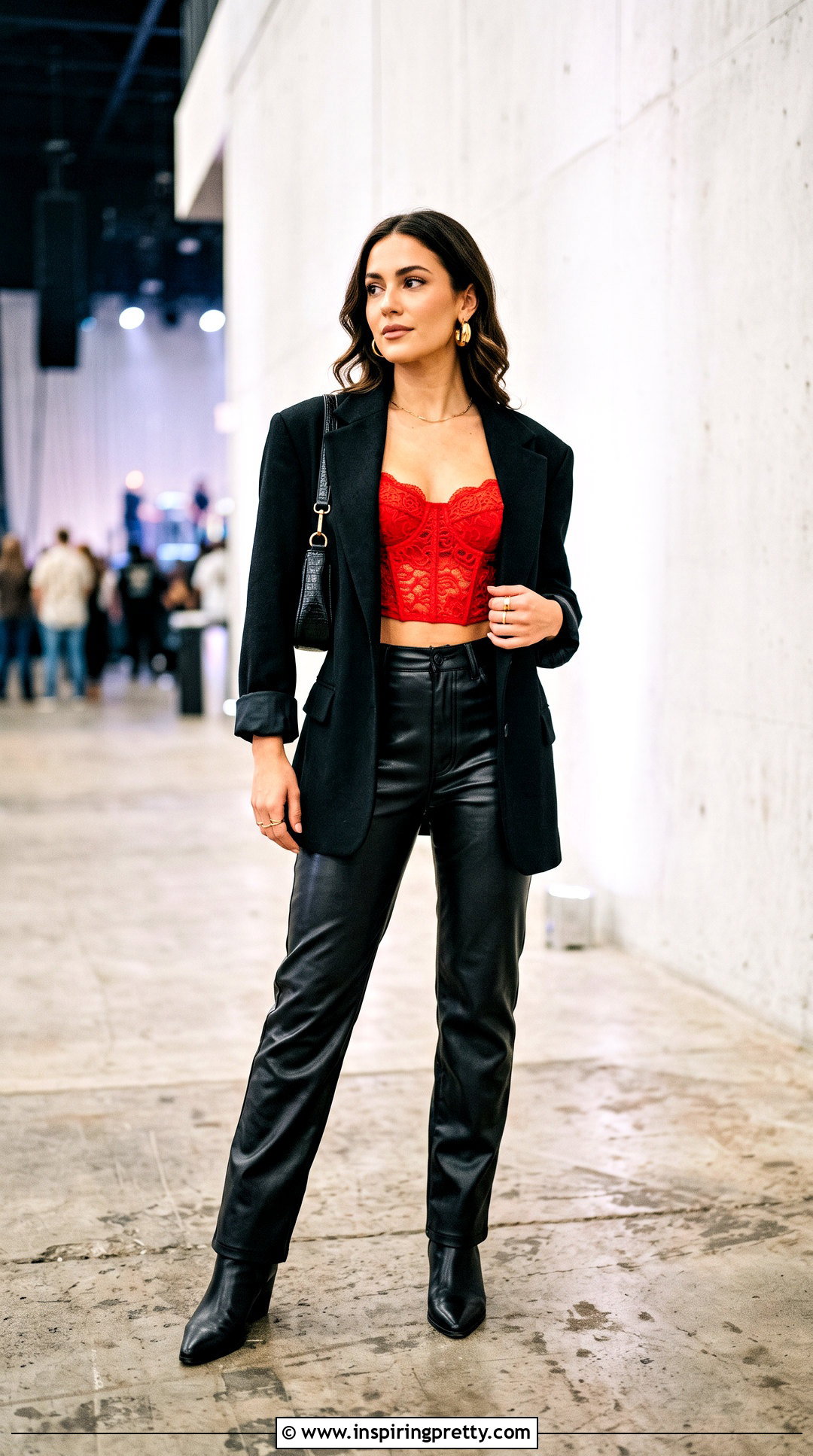 Red Lace Corset Crop Top With Faux Leather Pants - 25 lace corset crop top outfit ideas