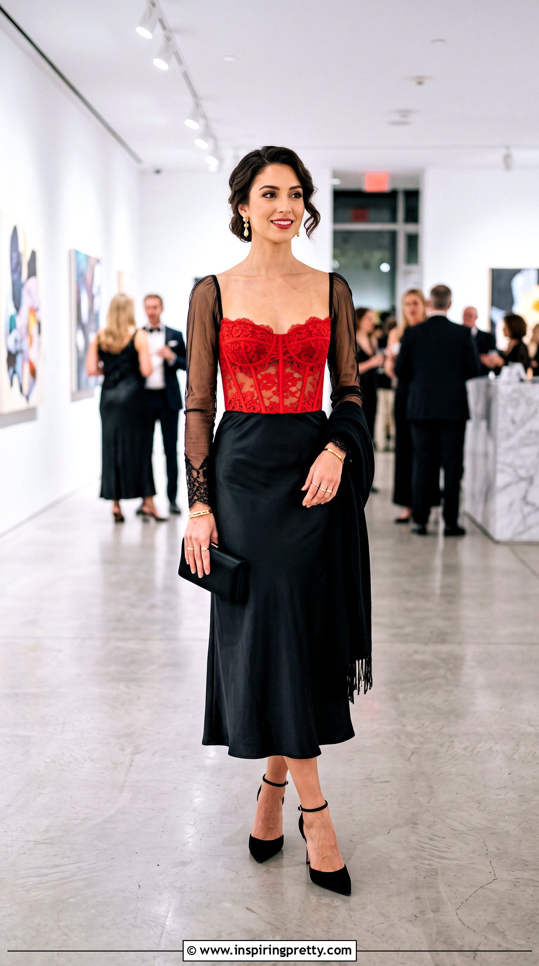 Red Lace Corset Top With Satin Midi Skirt - 25 Red Corset Top With Sleeves