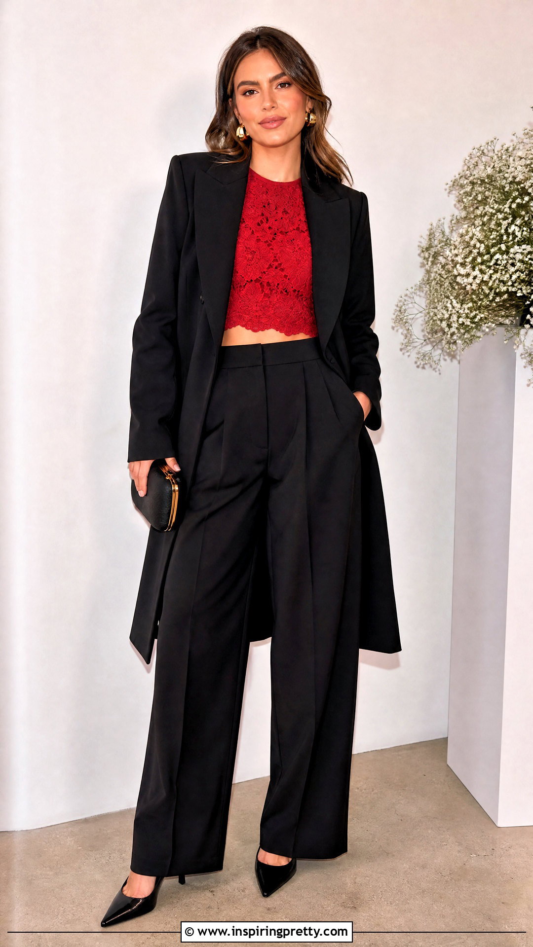 Red Lace Crop Top With High Waisted Pants - 50 red lace top outfit ideas