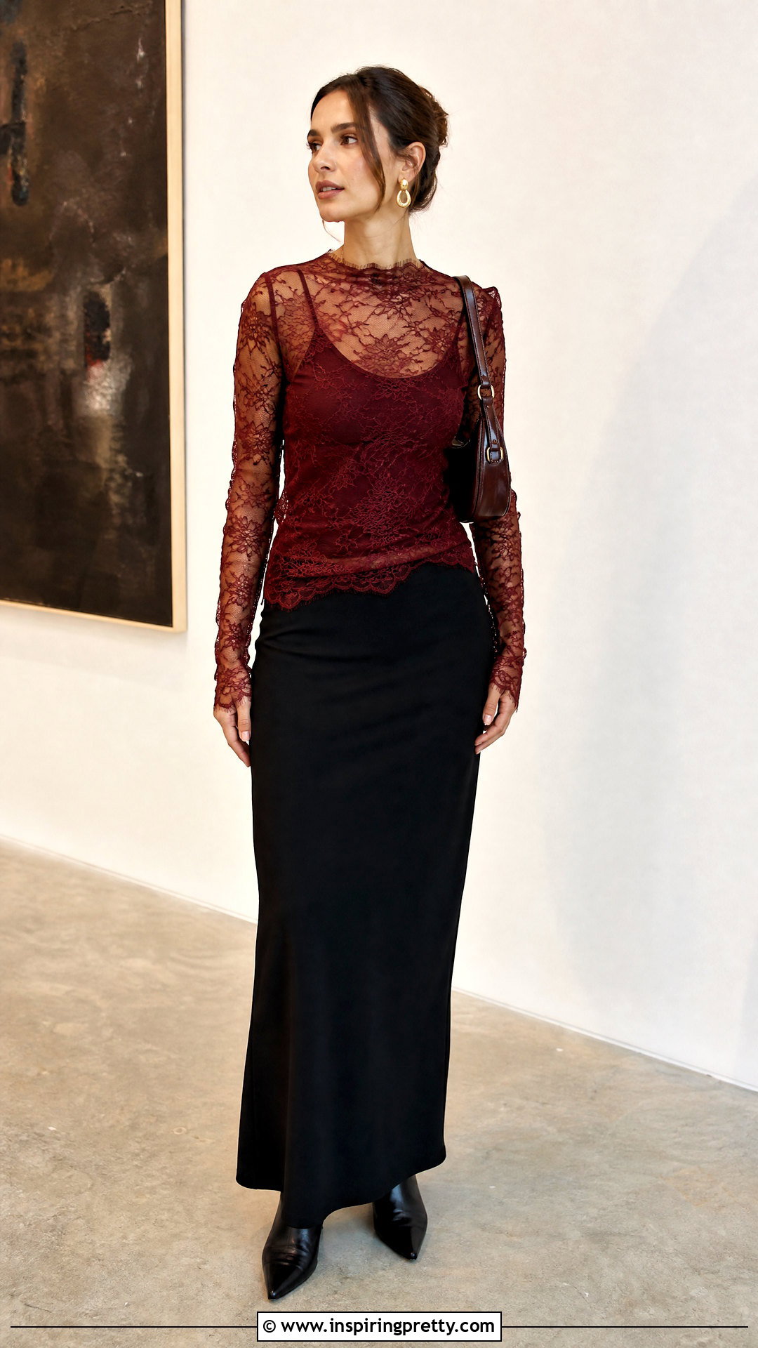 Red Lace Layering Top With Black Maxi Skirt - 50 Lace Layering Top Outfit ideas