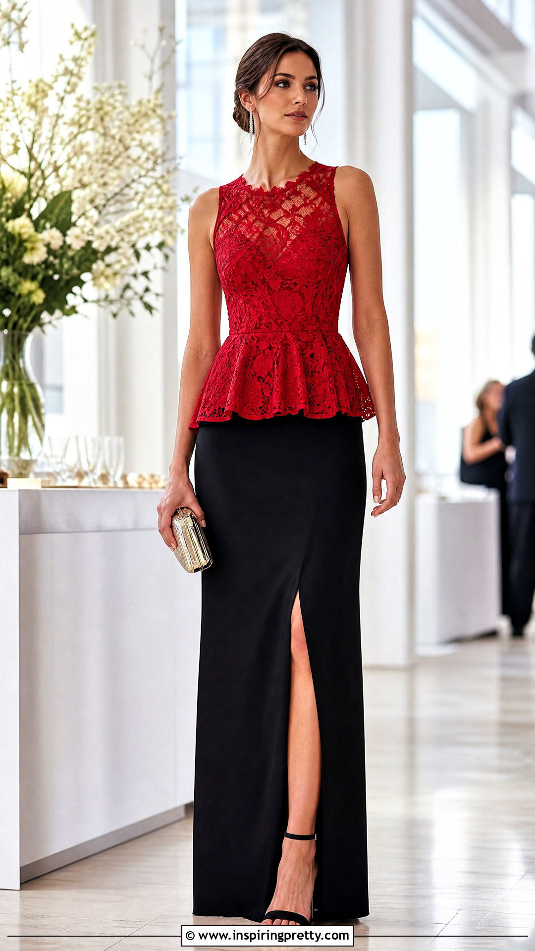 Red Lace Peplum Top With Black Maxi Skirt - 20 Red Lace Peplum Top outfit ideas