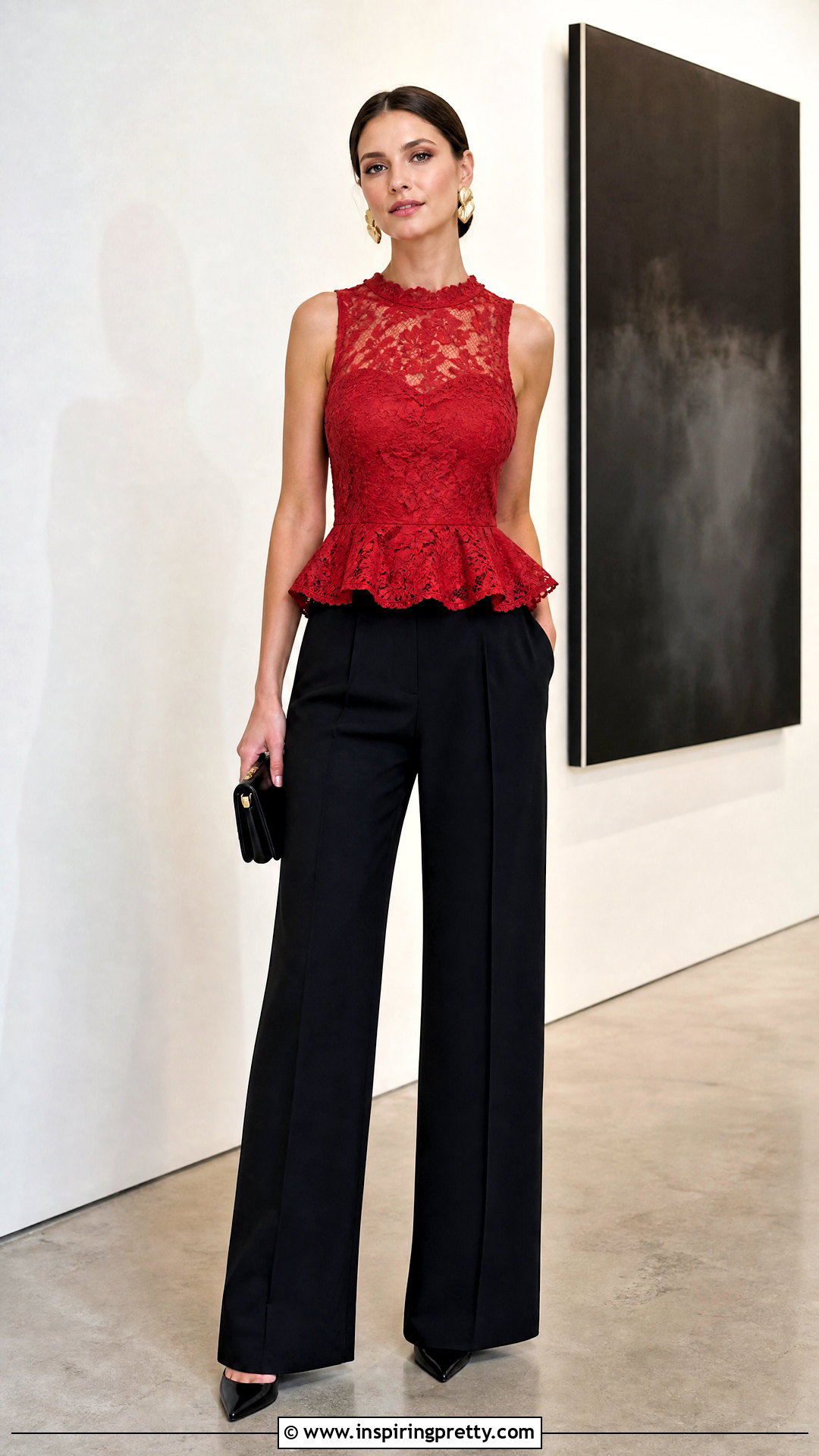 Red Lace Peplum Top With Black Wide Leg Trousers - 20 Red Lace Peplum Top outfit ideas