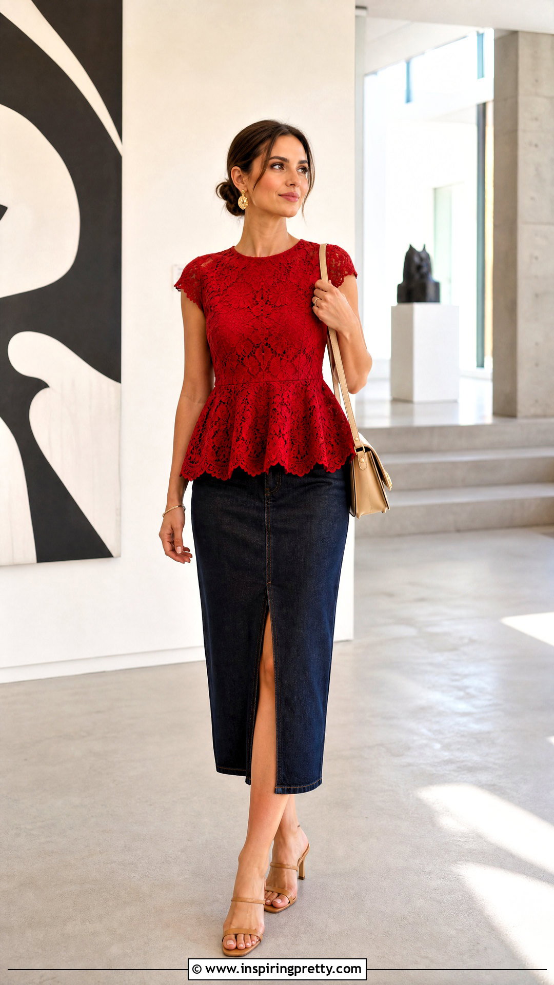 Red Lace Peplum Top With Dark Denim Midi Skirt - 20 Lace Peplum Top Summer outfit ideas