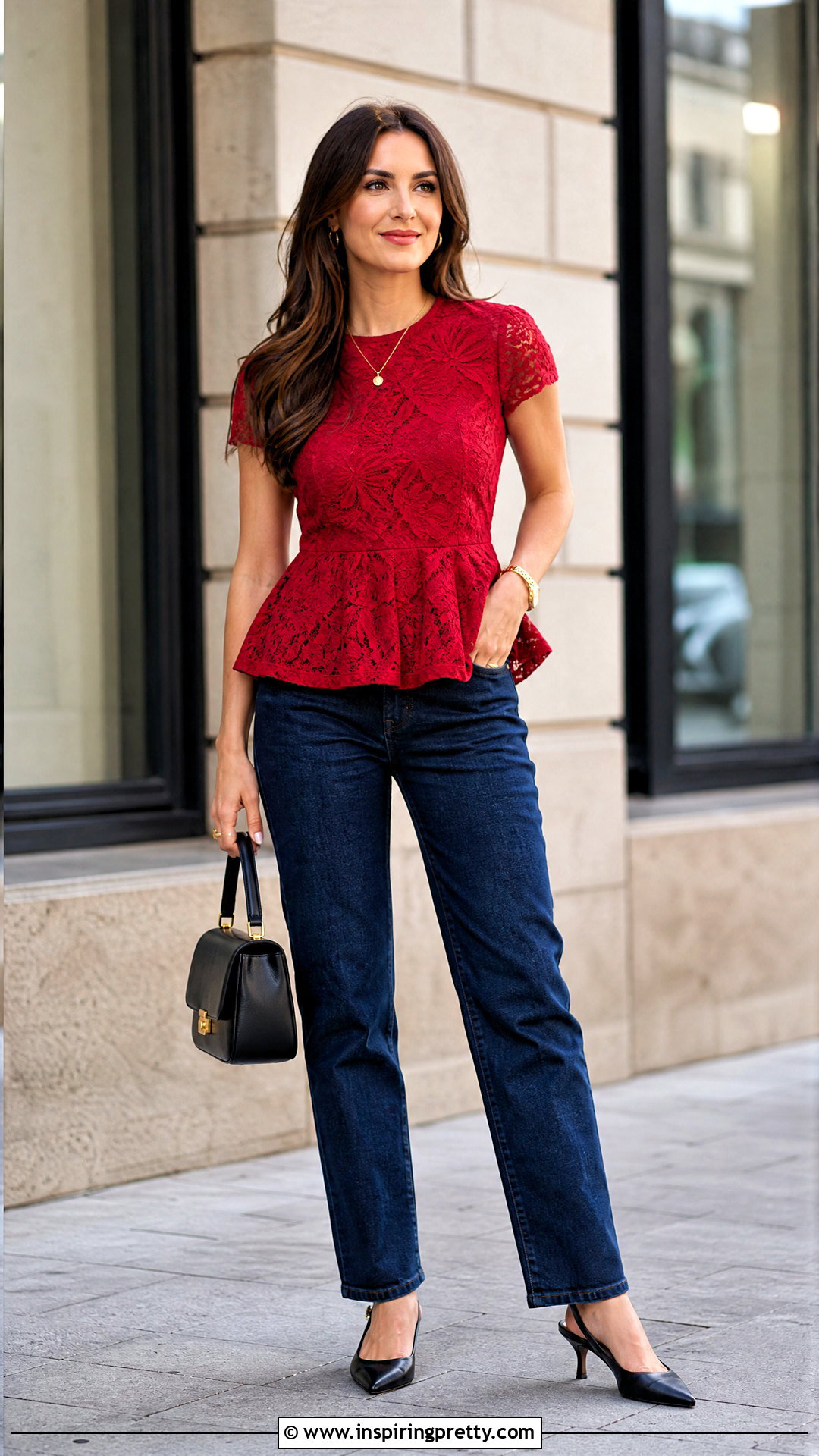 Red Lace Peplum Top With Dark Wash Straight Leg Jeans - 20 Red Lace Peplum Top outfit ideas