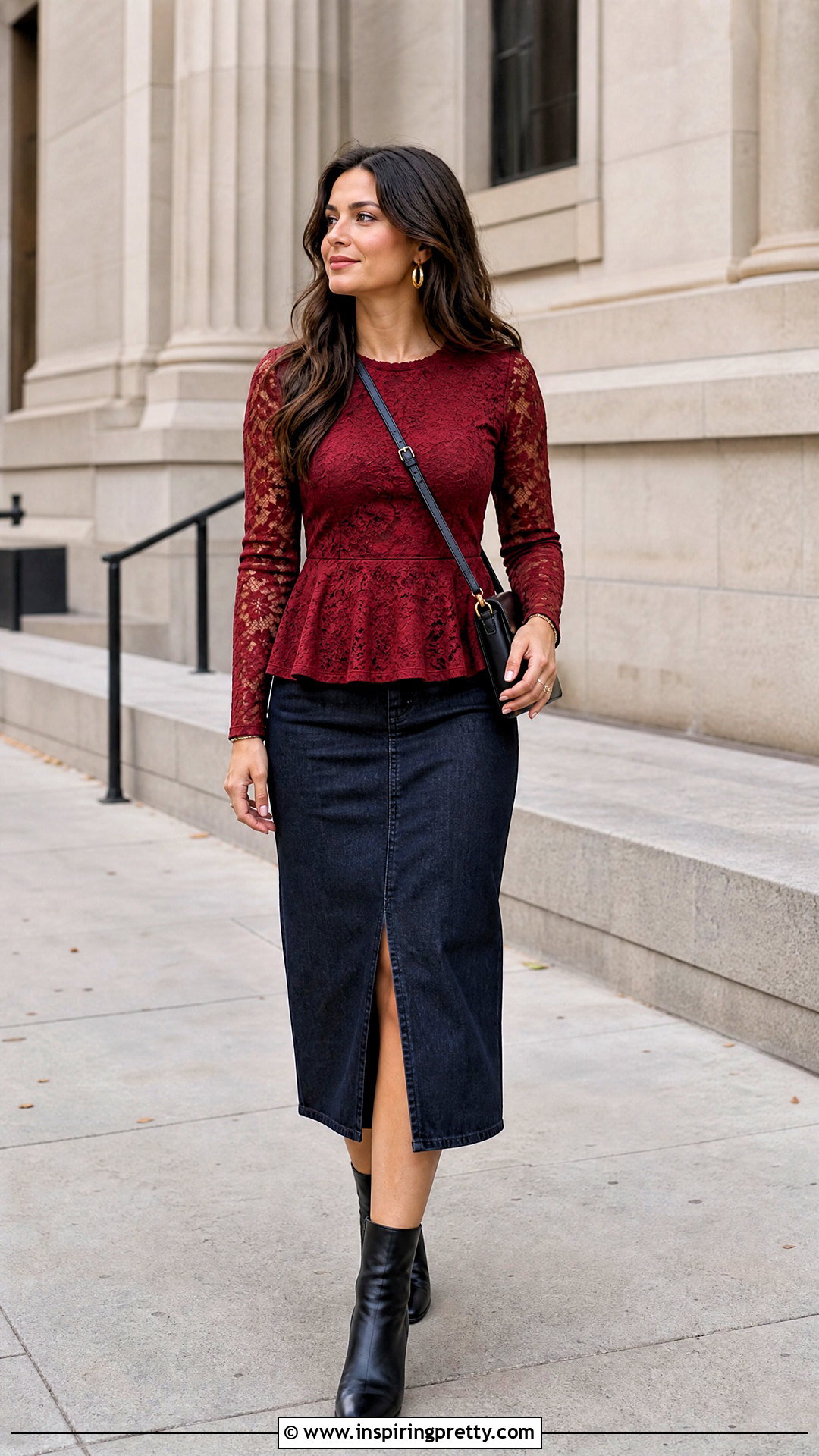 Red Lace Peplum Top With Denim Midi Skirt - 20 Red Lace Peplum Top outfit ideas