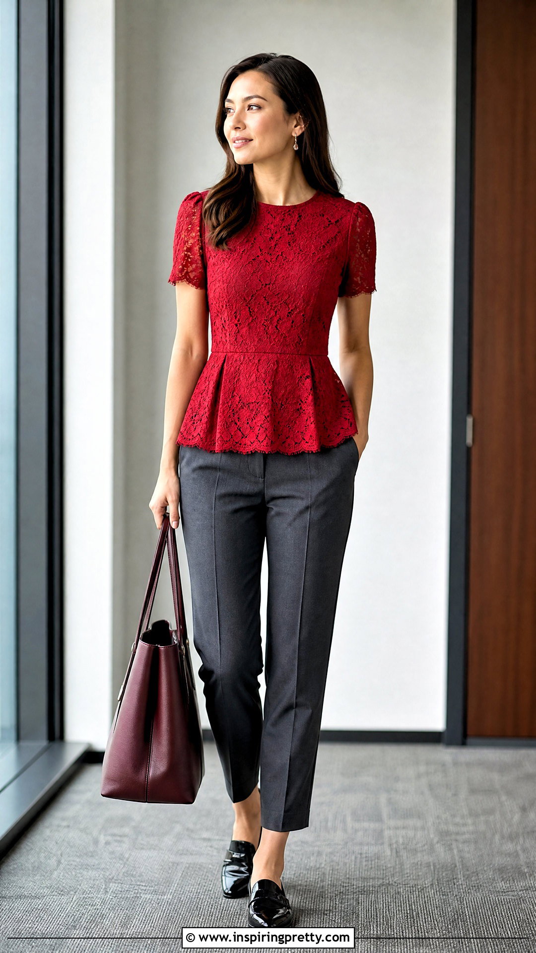 Red Lace Peplum Top With Gray Trousers - 20 Red Lace Peplum Top outfit ideas