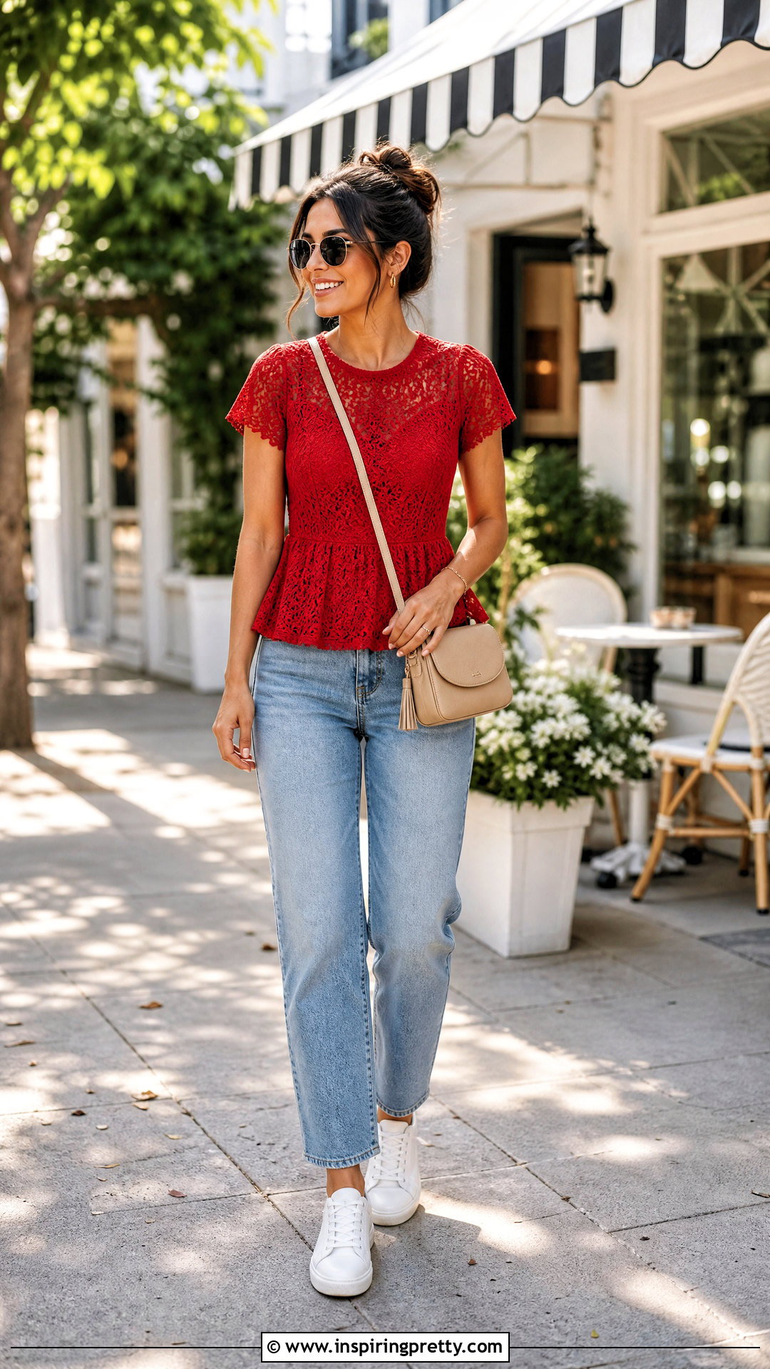 Red Lace Peplum Top With Light Wash Jeans - 20 Red Lace Peplum Top outfit ideas