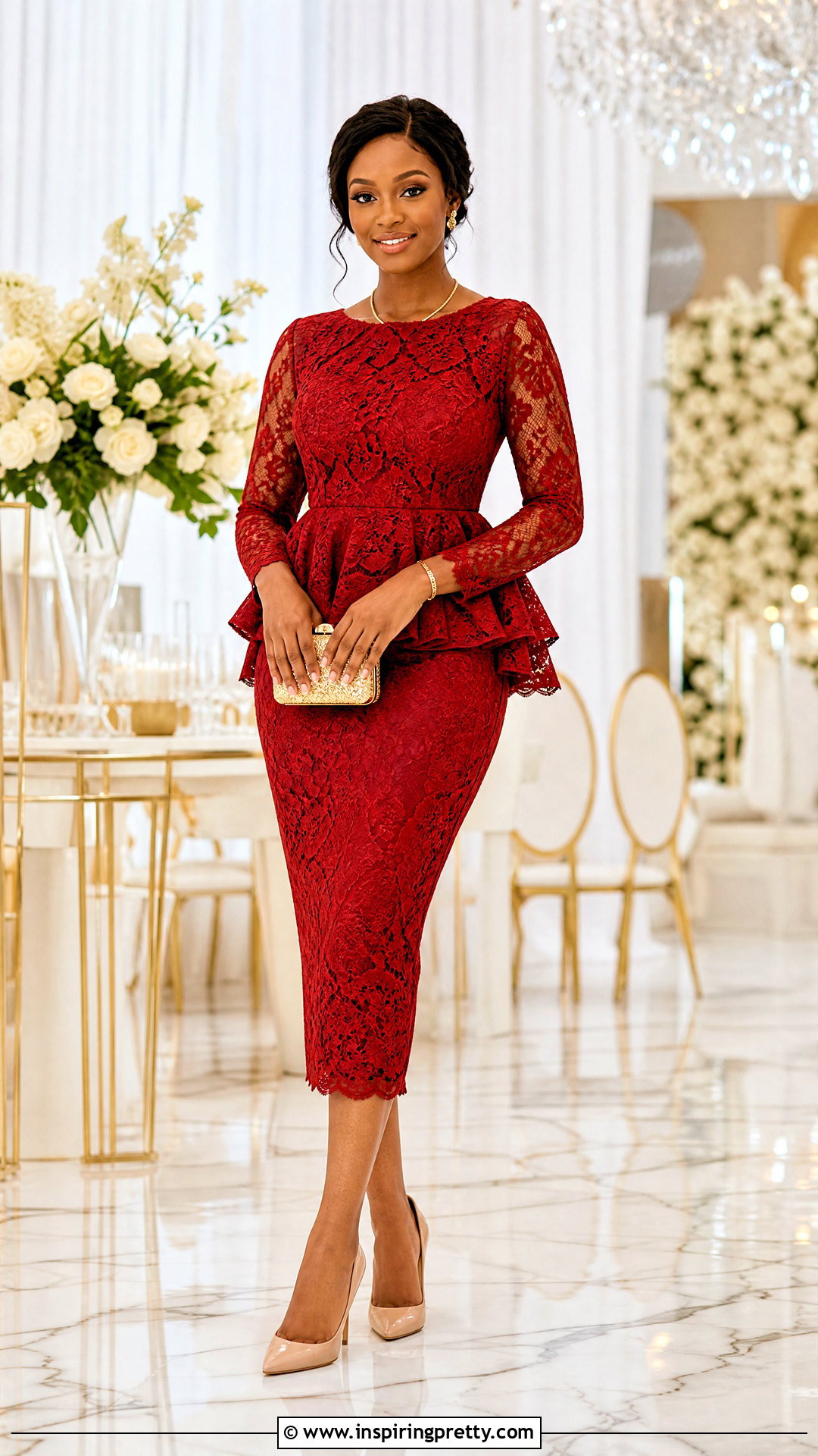 Red Lace Peplum Top With Matching Red Midi Skirt - 20 Red Lace Peplum Top outfit ideas