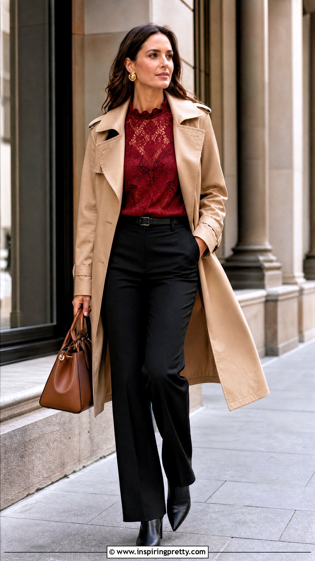 Red Lace Top With Beige Trench Coat - 50 red lace top outfit ideas