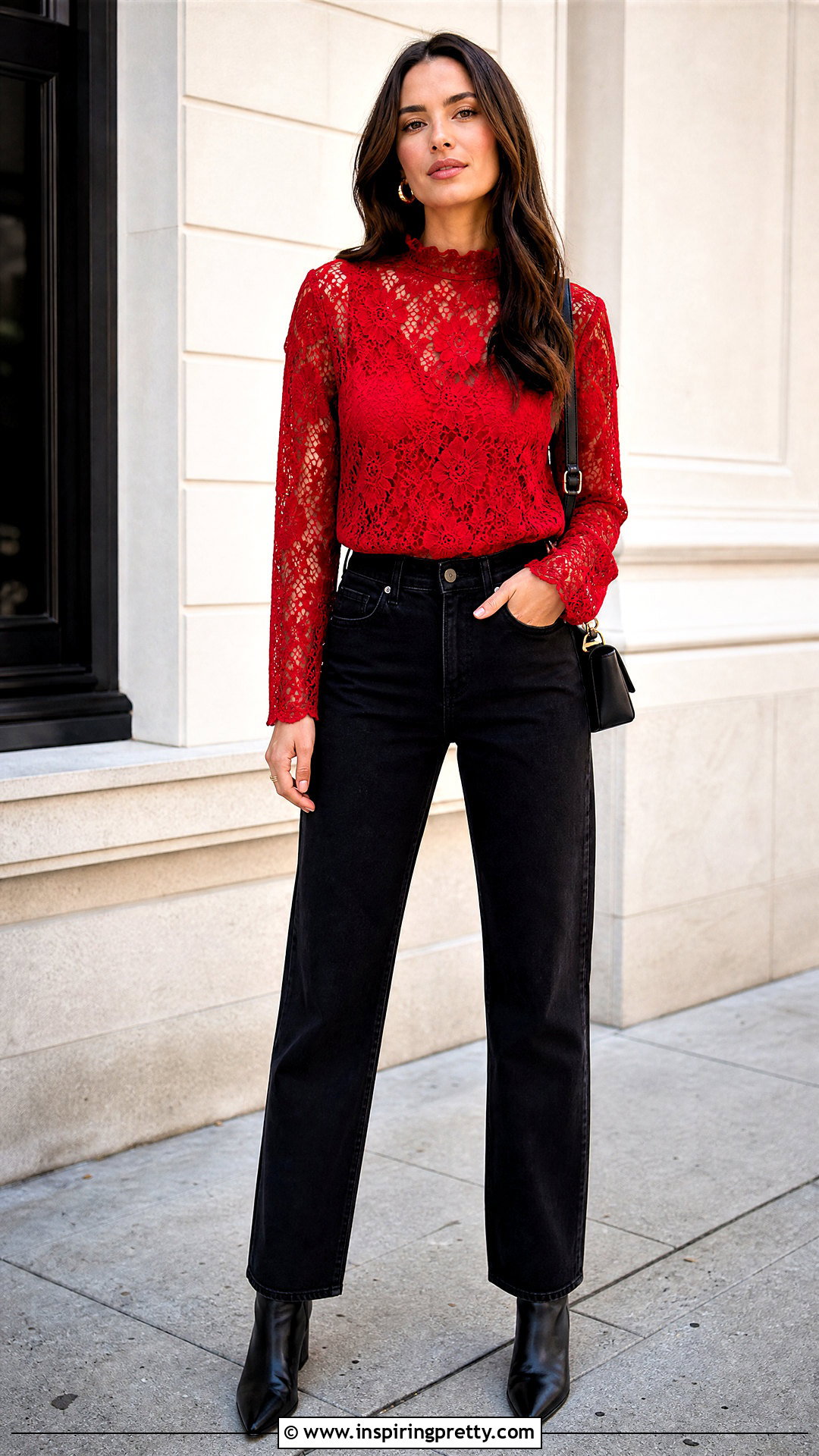 Red Lace Top With Black Jeans - 50 Lace Top Outfit Aesthetic Ideas