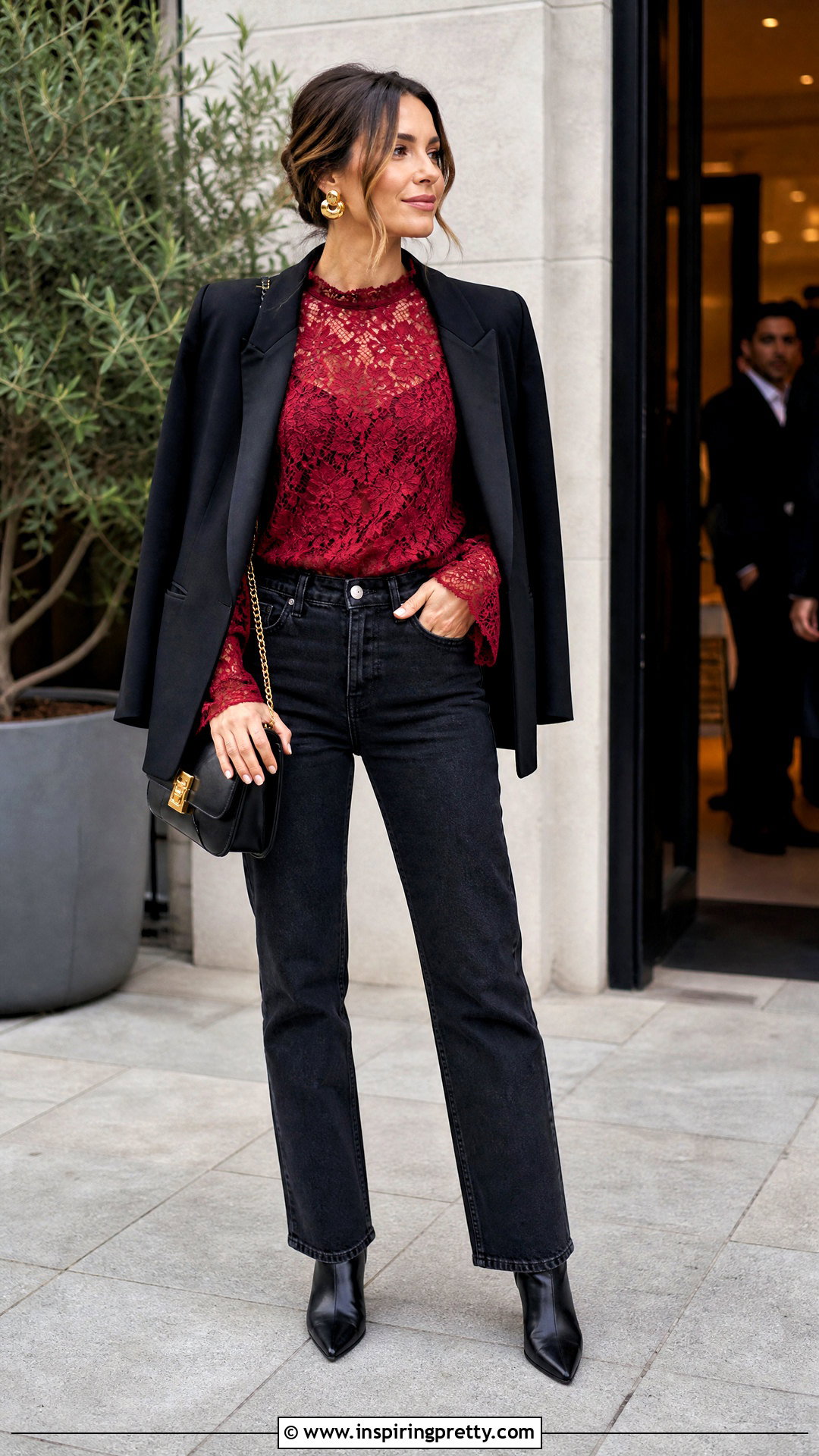 Red Lace Top With Black Jeans - 50 lacy tops outfit ideas
