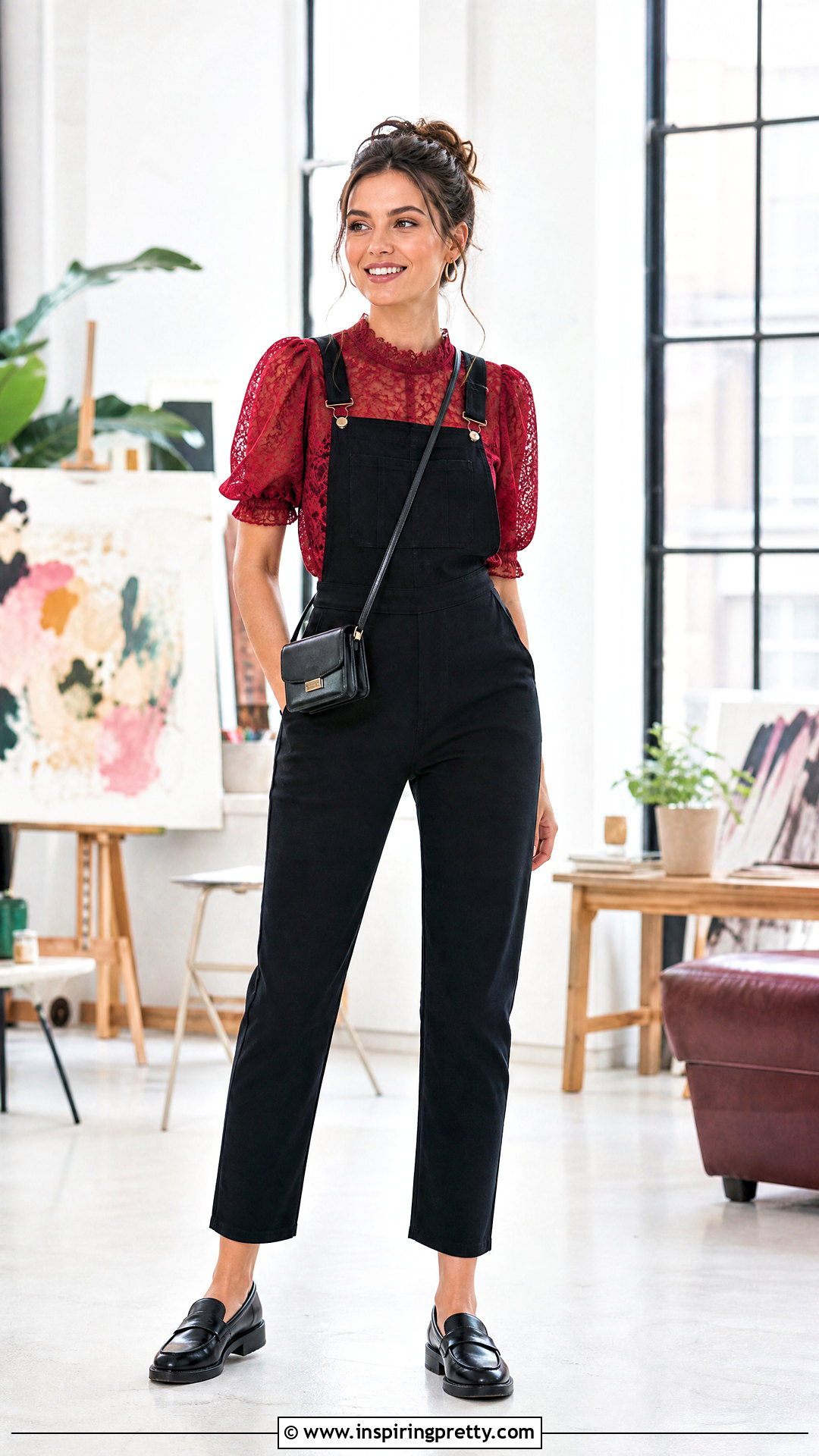 Red Lace Top With Black Overalls - 50 red lace top outfit ideas