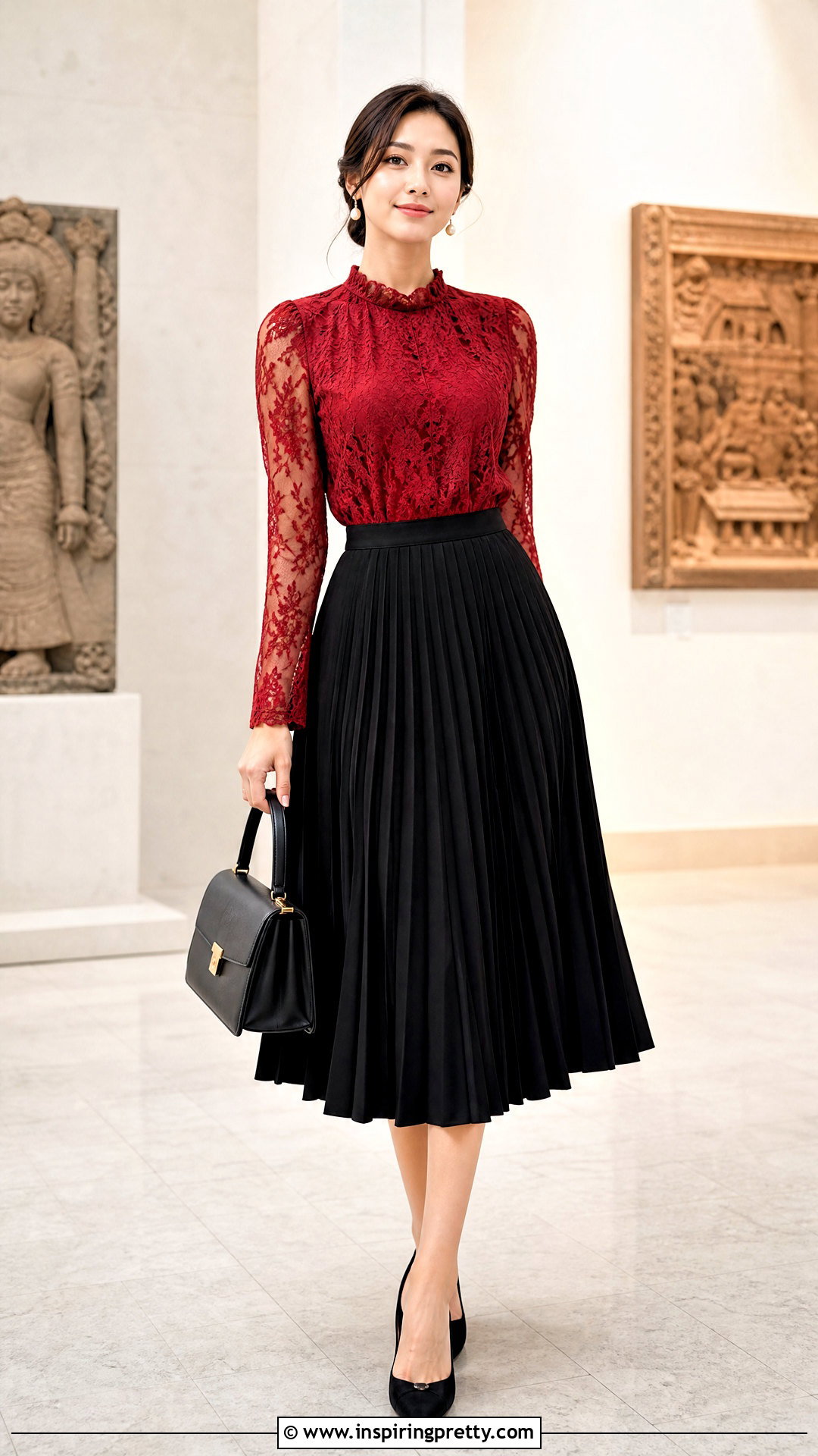 Red Lace Top With Black Pleated Midi Skirt - 50 red lace top outfit ideas