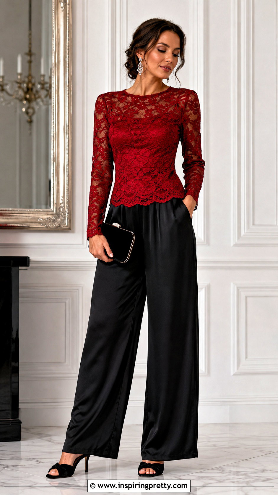 Red Lace Top With Black Satin Pants - 50 red top outfit party ideas