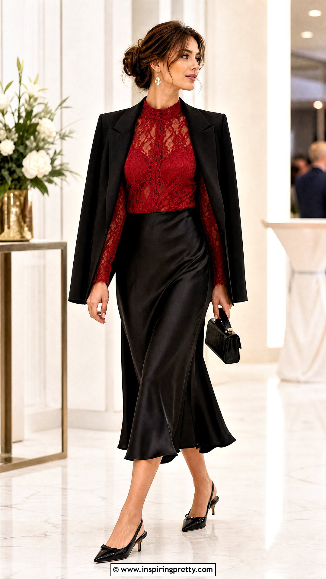 Red Lace Top With Black Satin Slip Skirt - 50 red lace top outfit ideas