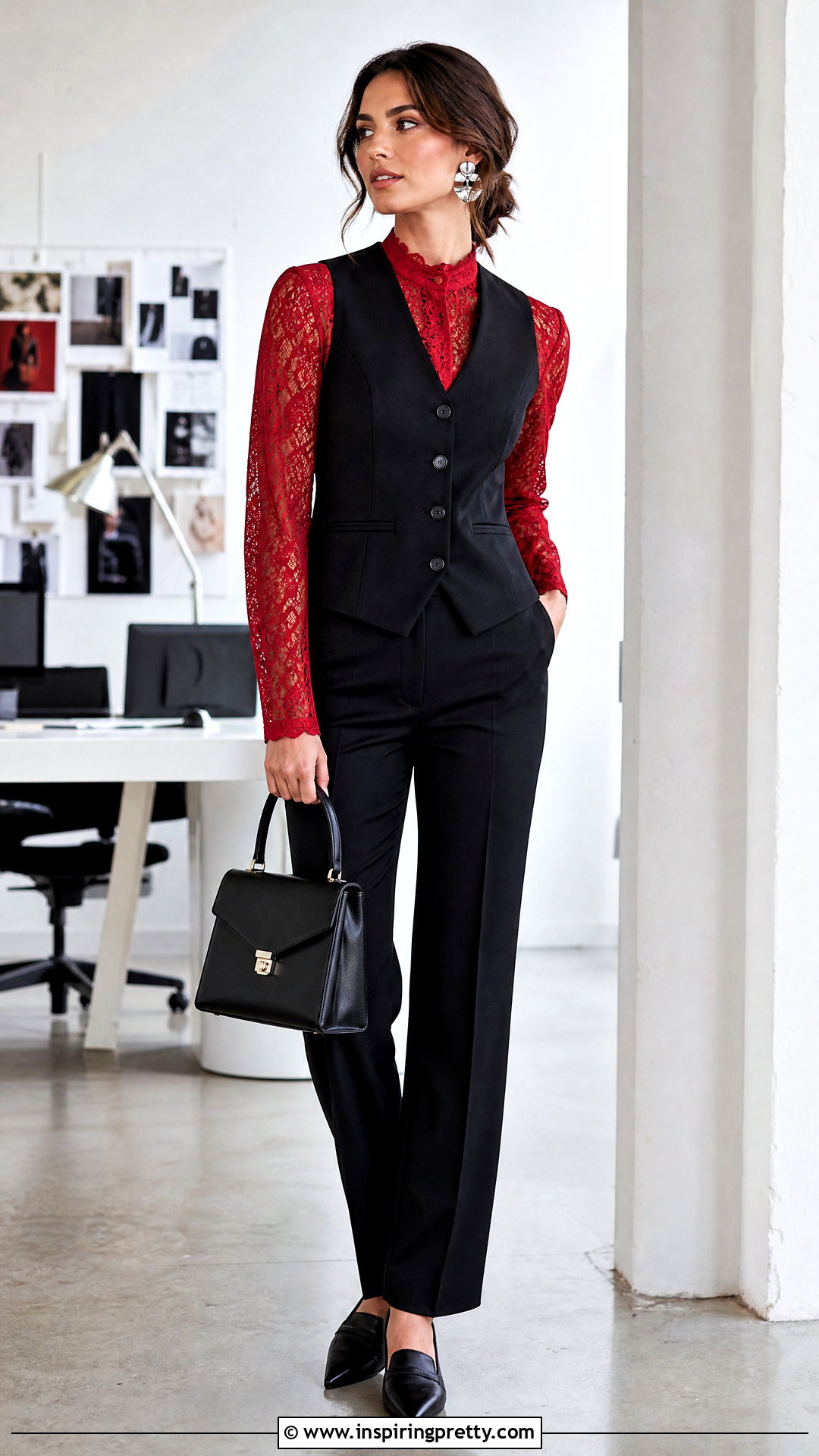 Red Lace Top With Black Tailored Vest - 50 red lace top outfit ideas