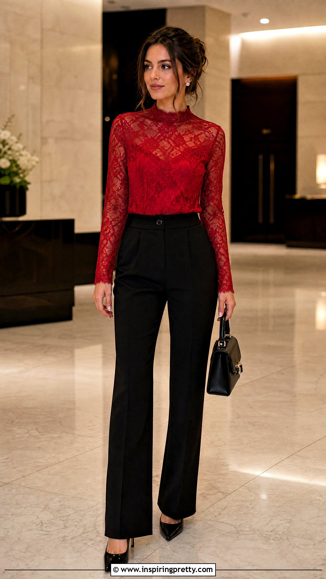 Red Lace Top With Black Trousers - 50 lace tops for women classy ideas