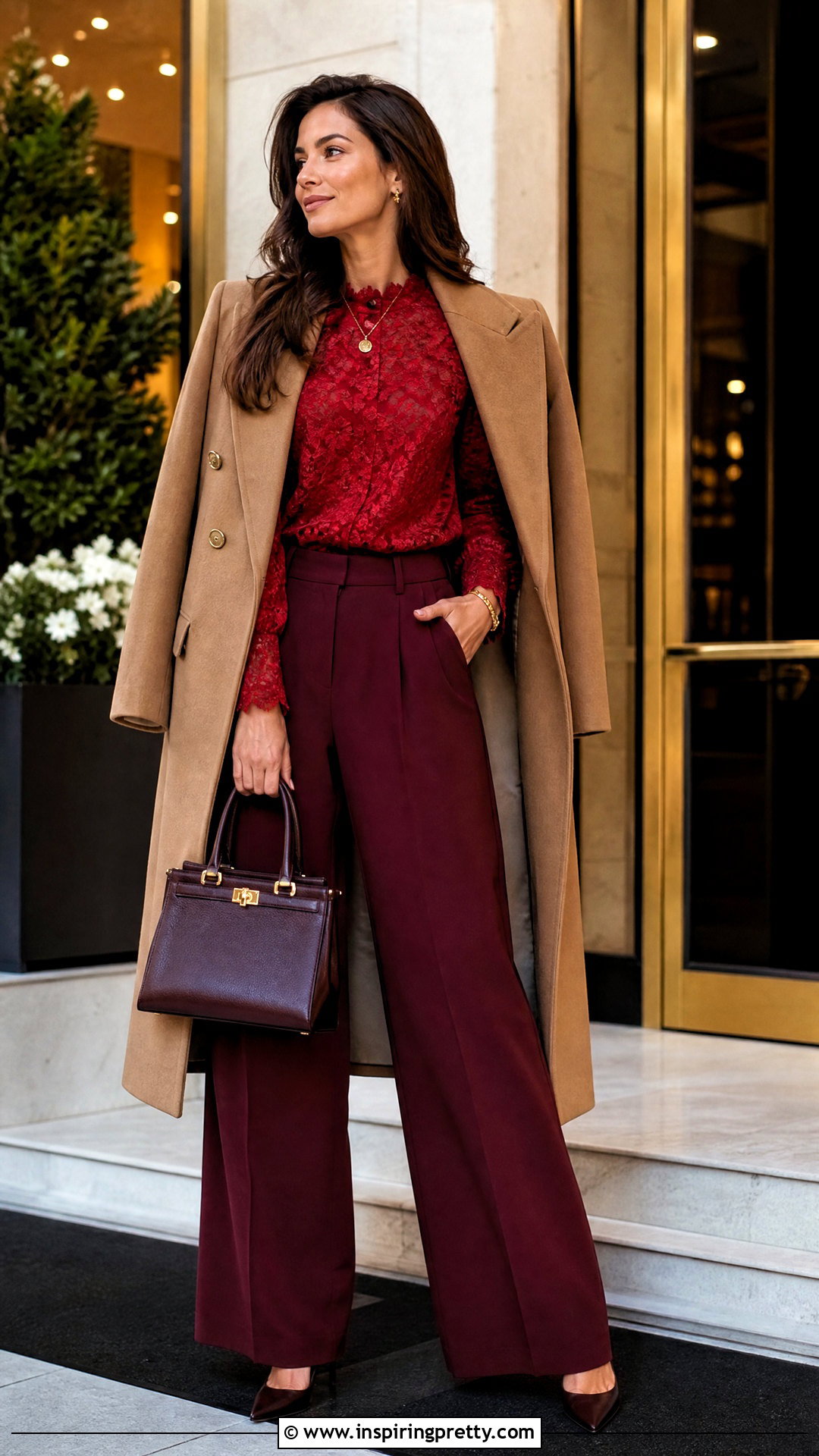 Red Lace Top With Burgundy Trousers - 50 red lace top outfit ideas