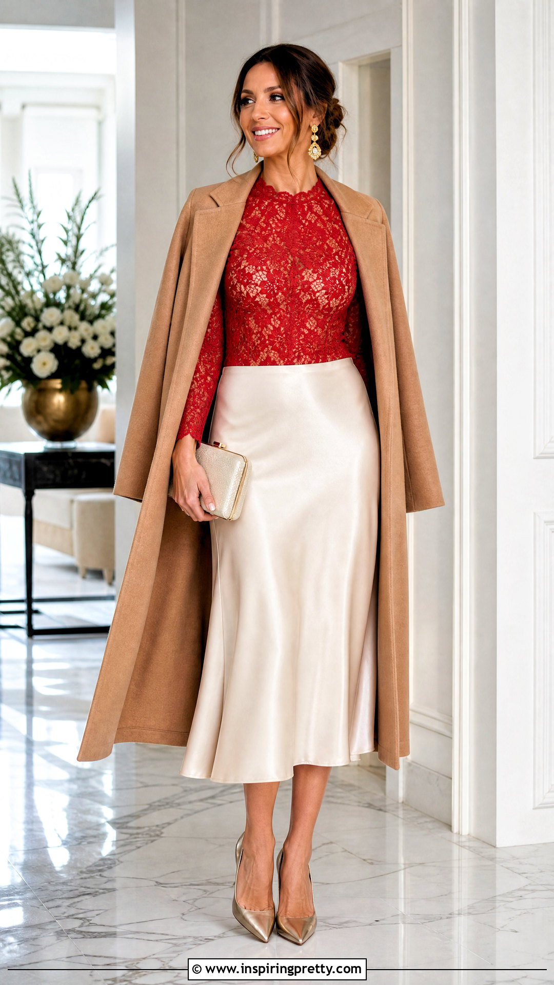 Red Lace Top With Cream Satin Midi Skirt - 50 red lace top outfit ideas