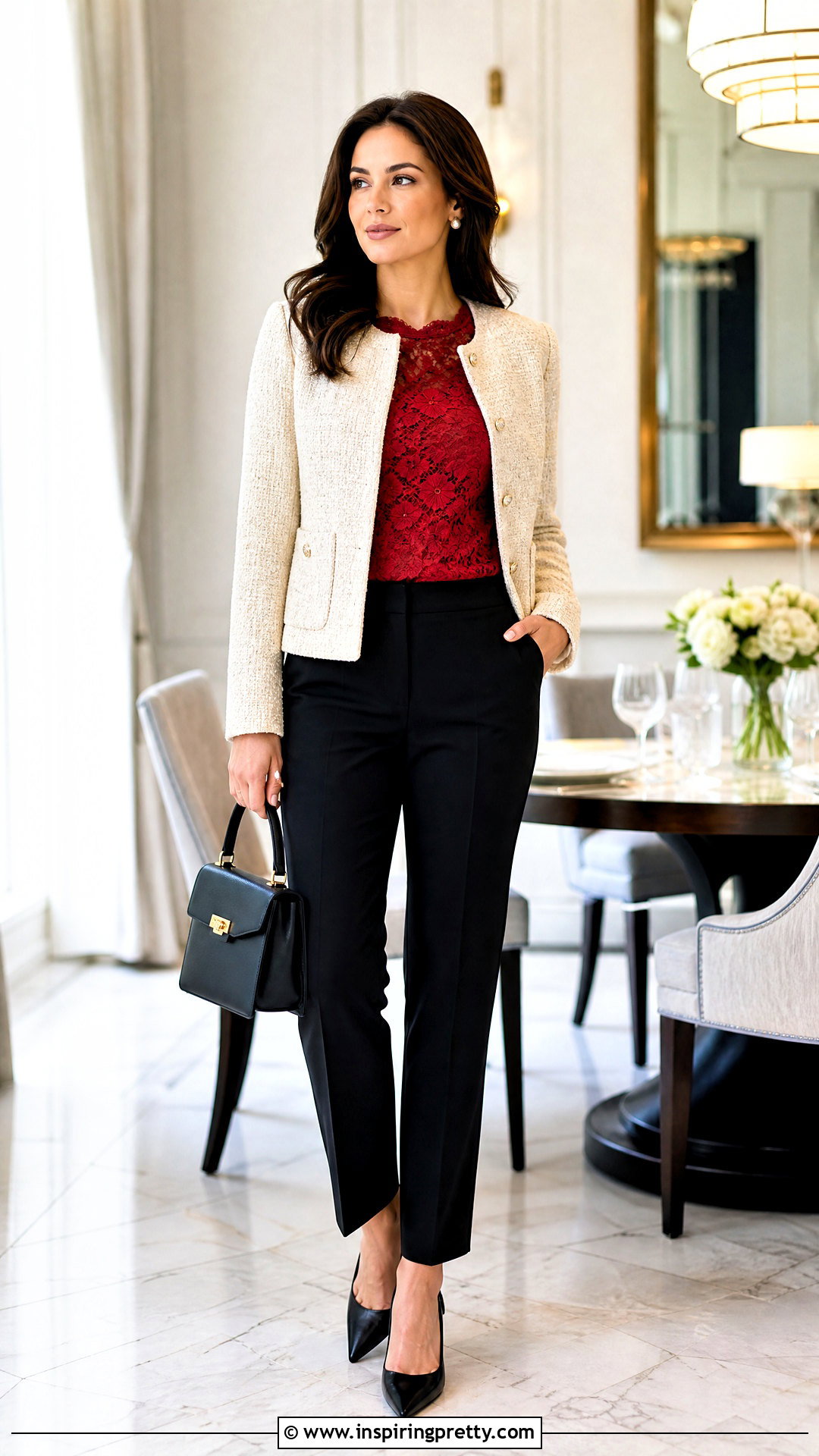 Red Lace Top With Cream Tweed Jacket - 50 red lace top outfit ideas