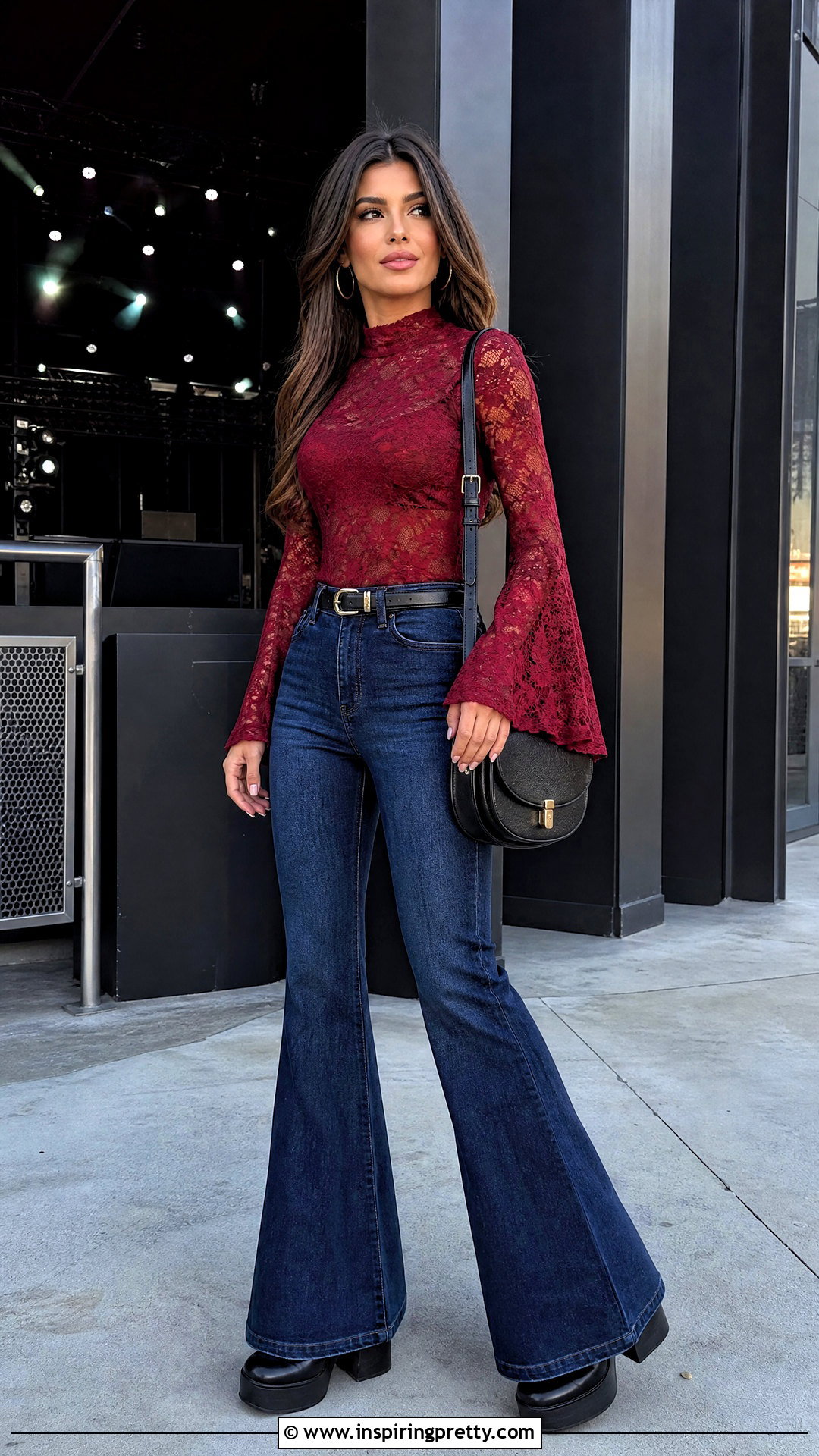 Red Lace Top With Dark Wash Flare Jeans - 50 red lace top outfit ideas