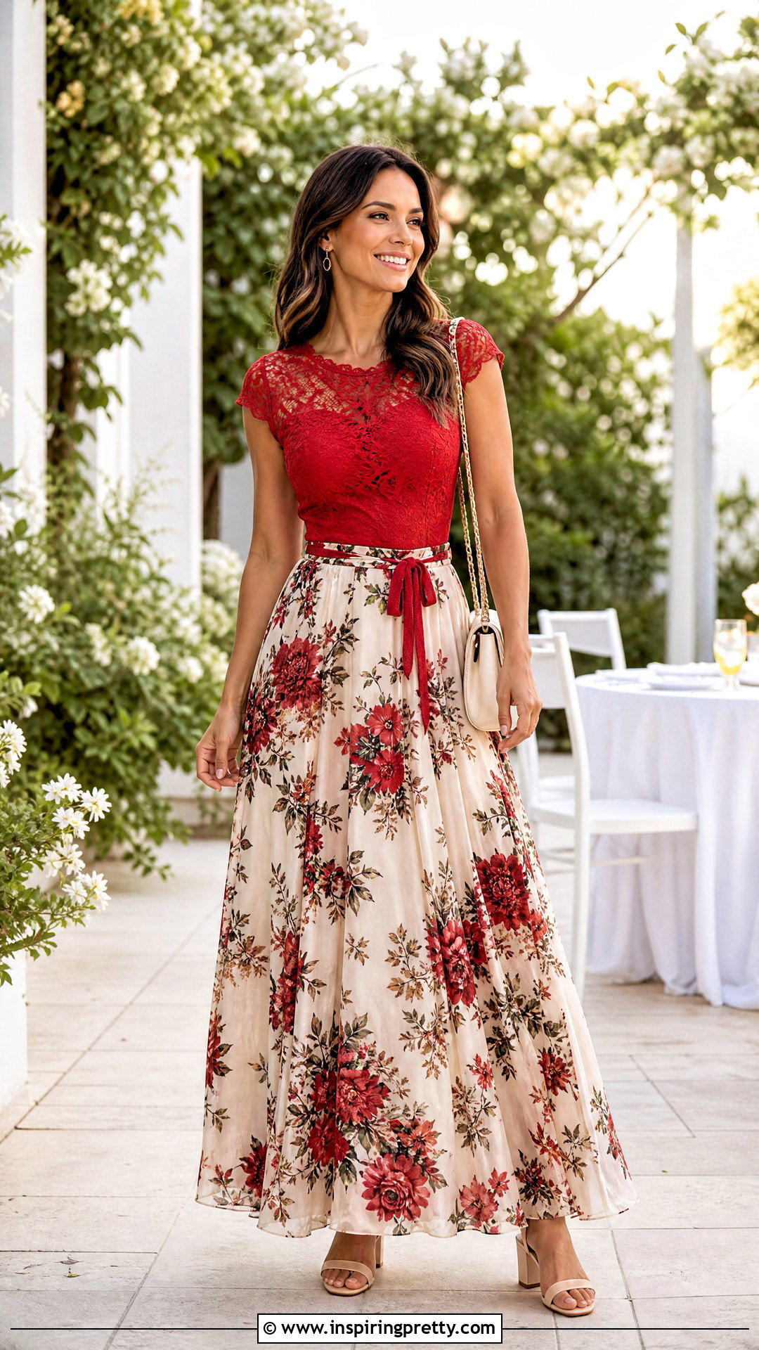 Red Lace Top With Floral Maxi Skirt - 50 red lace top outfit ideas
