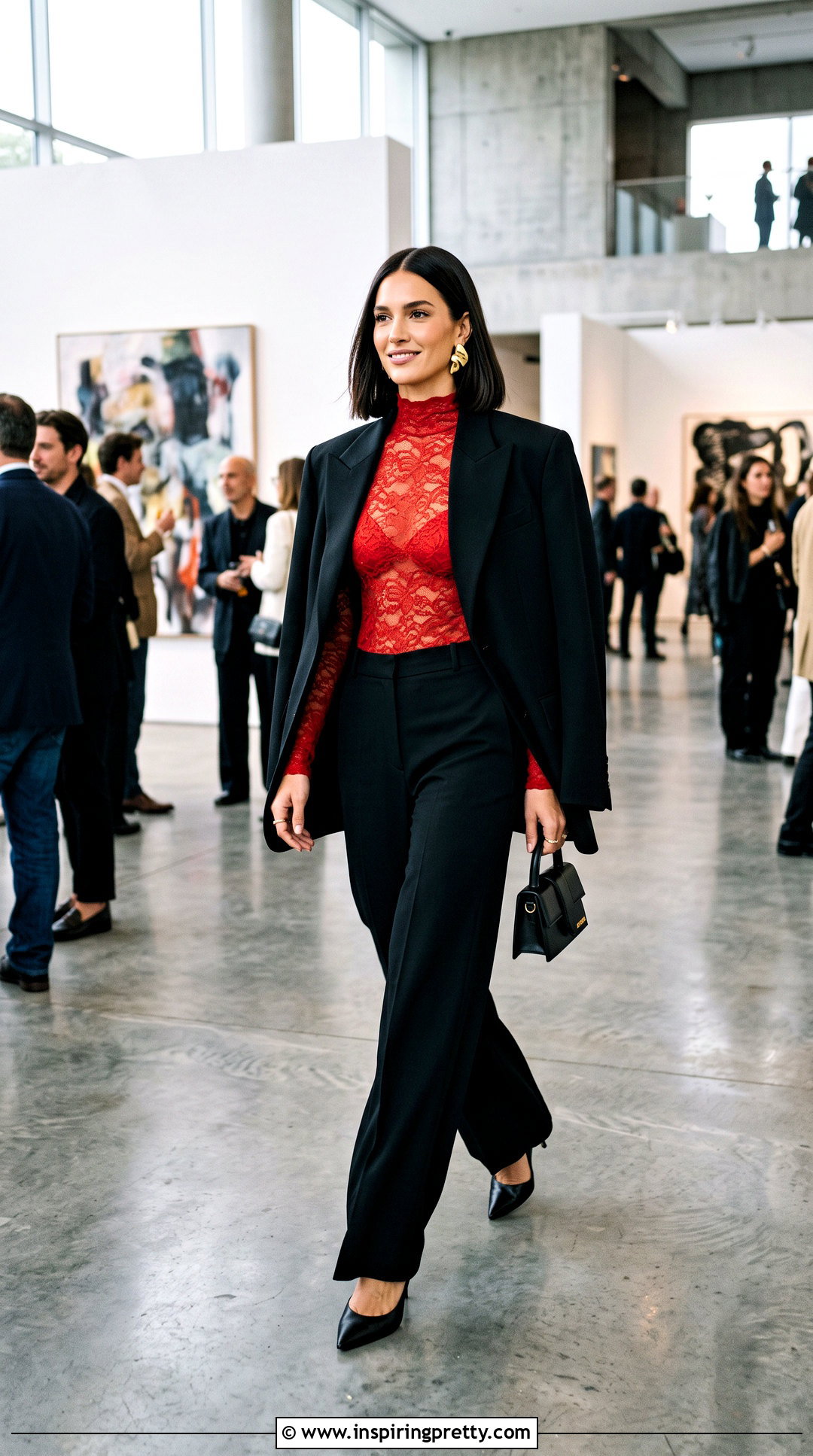 Red Lace Top With Oversized Black Suit - 50 red lace top outfit ideas