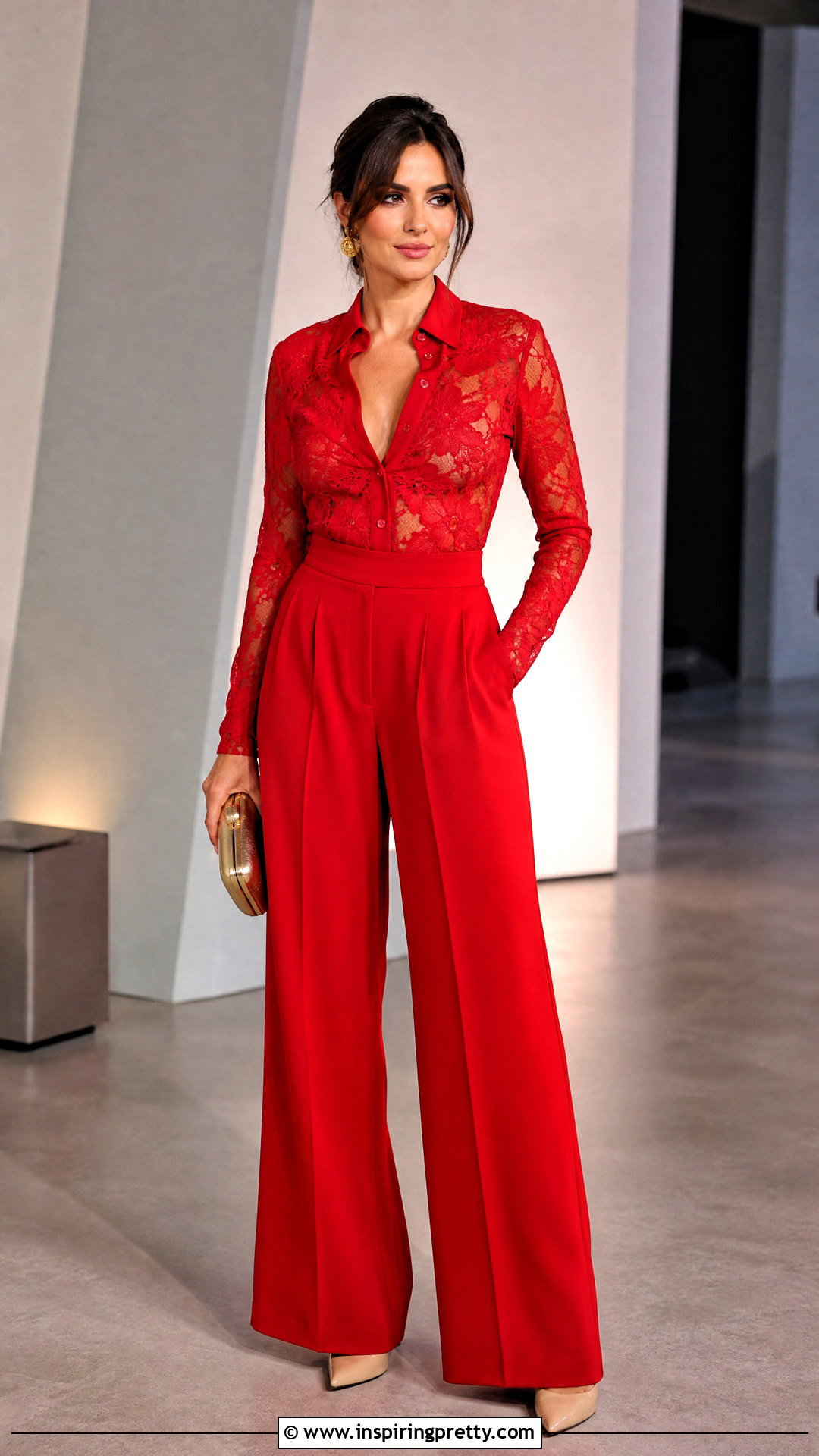 Red Lace Top With Red Wide Leg Pants - 50 red lace top outfit ideas