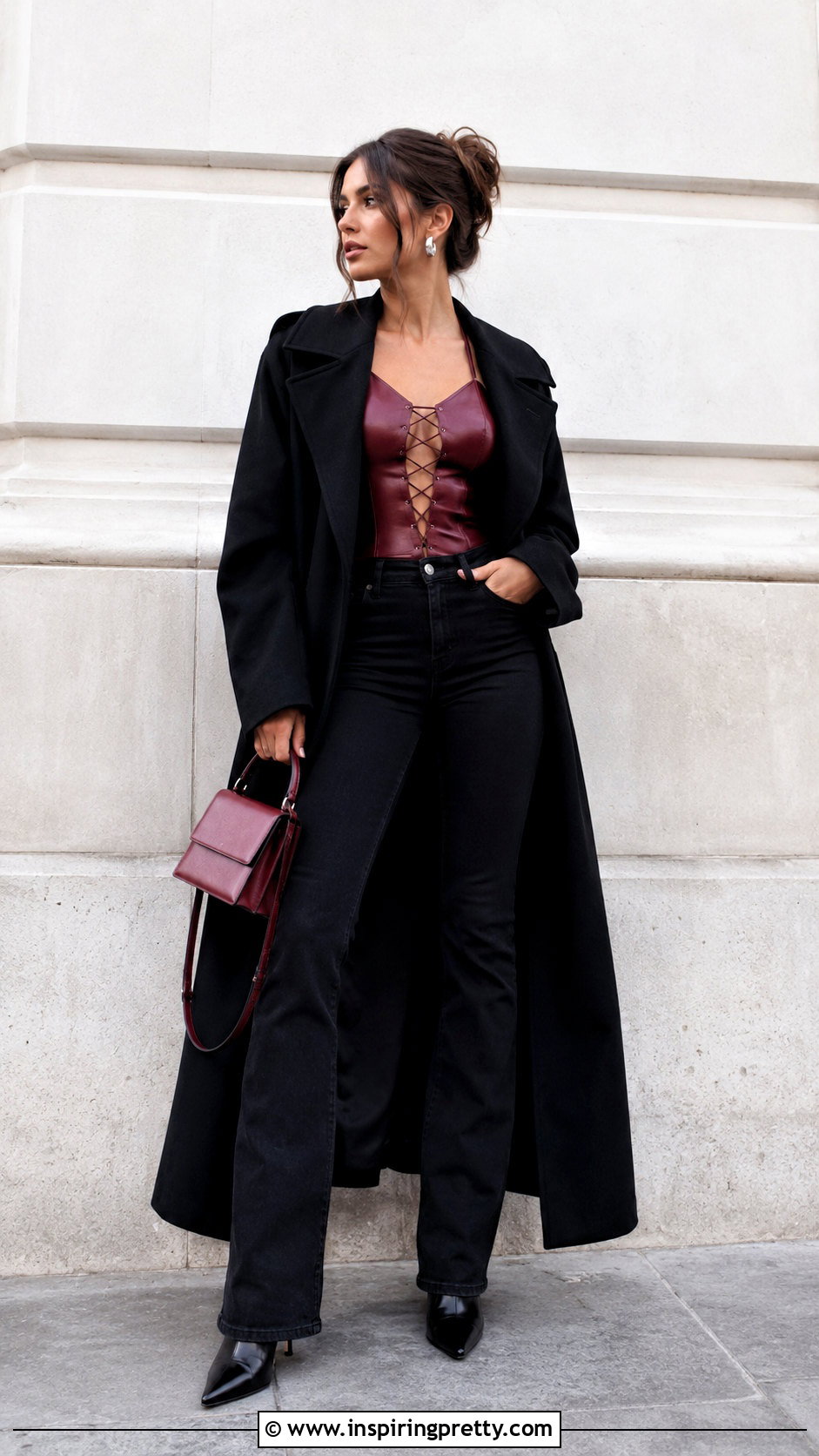 Red Lace Up Leather Top With Black Jeans - 20 lace up leather top outfit ideas