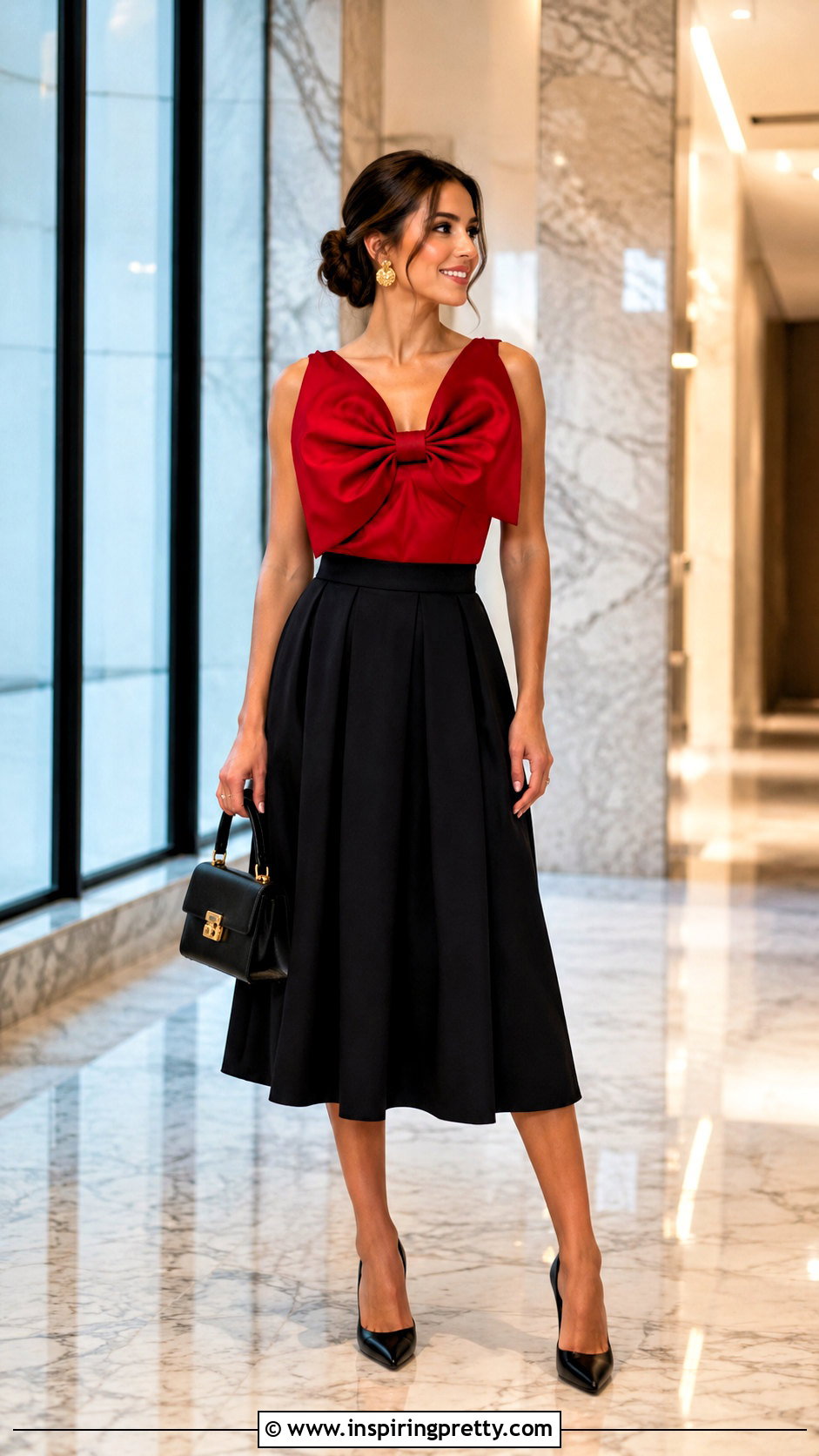 Red Large Bow Top With Black Midi Skirt - 25 Large Bow Top outfit ideas