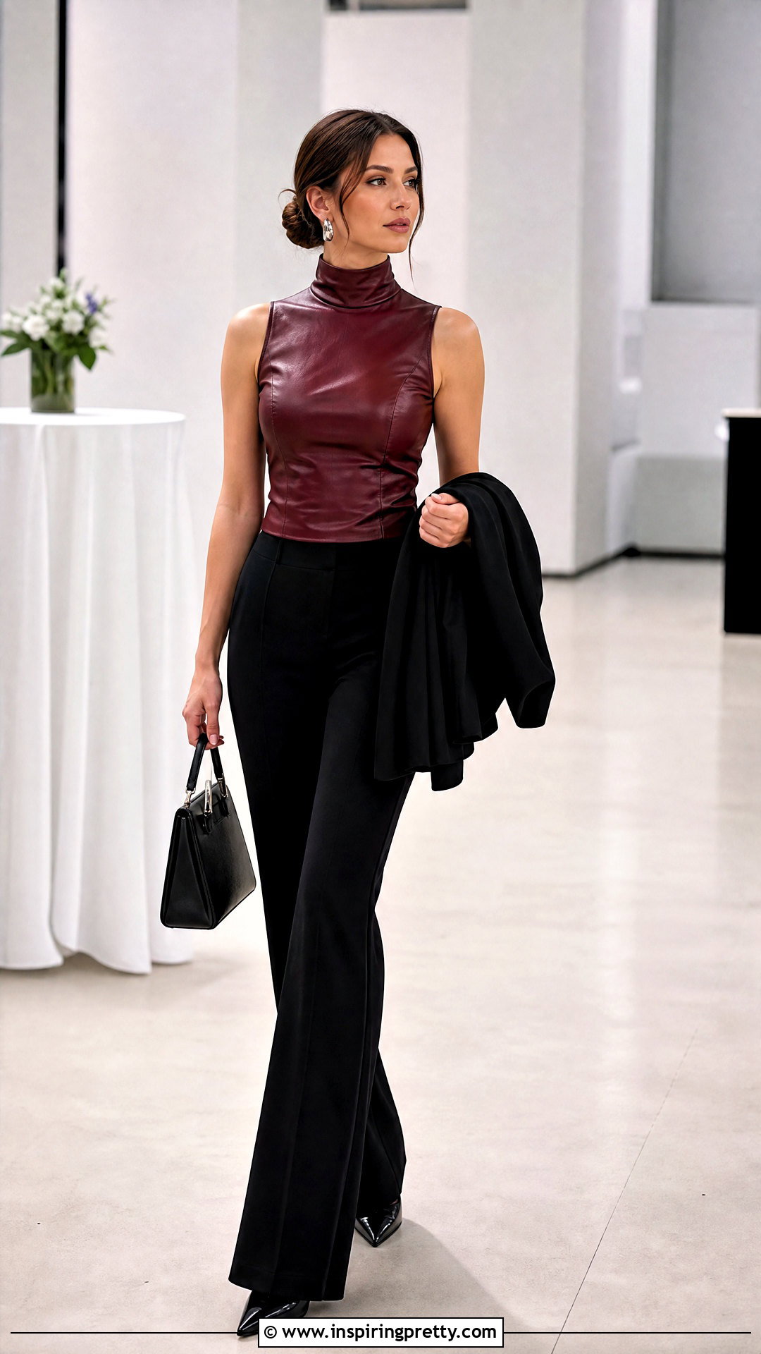Red Leather High Neck Top With Black Pants - 25 Leather High Neck Top outfit ideas