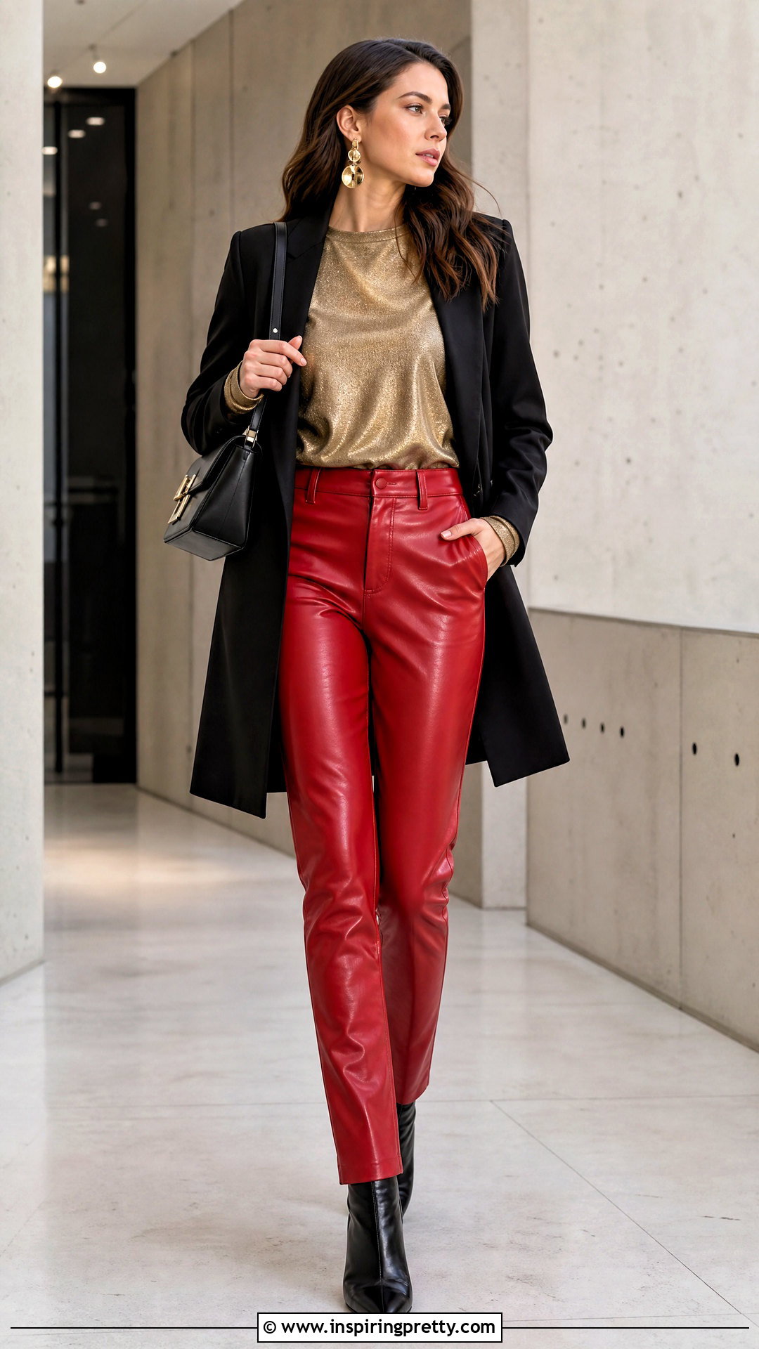 Red Leather Pants With Gold Long Sleeve Top - 25 Red Pants Gold Tops