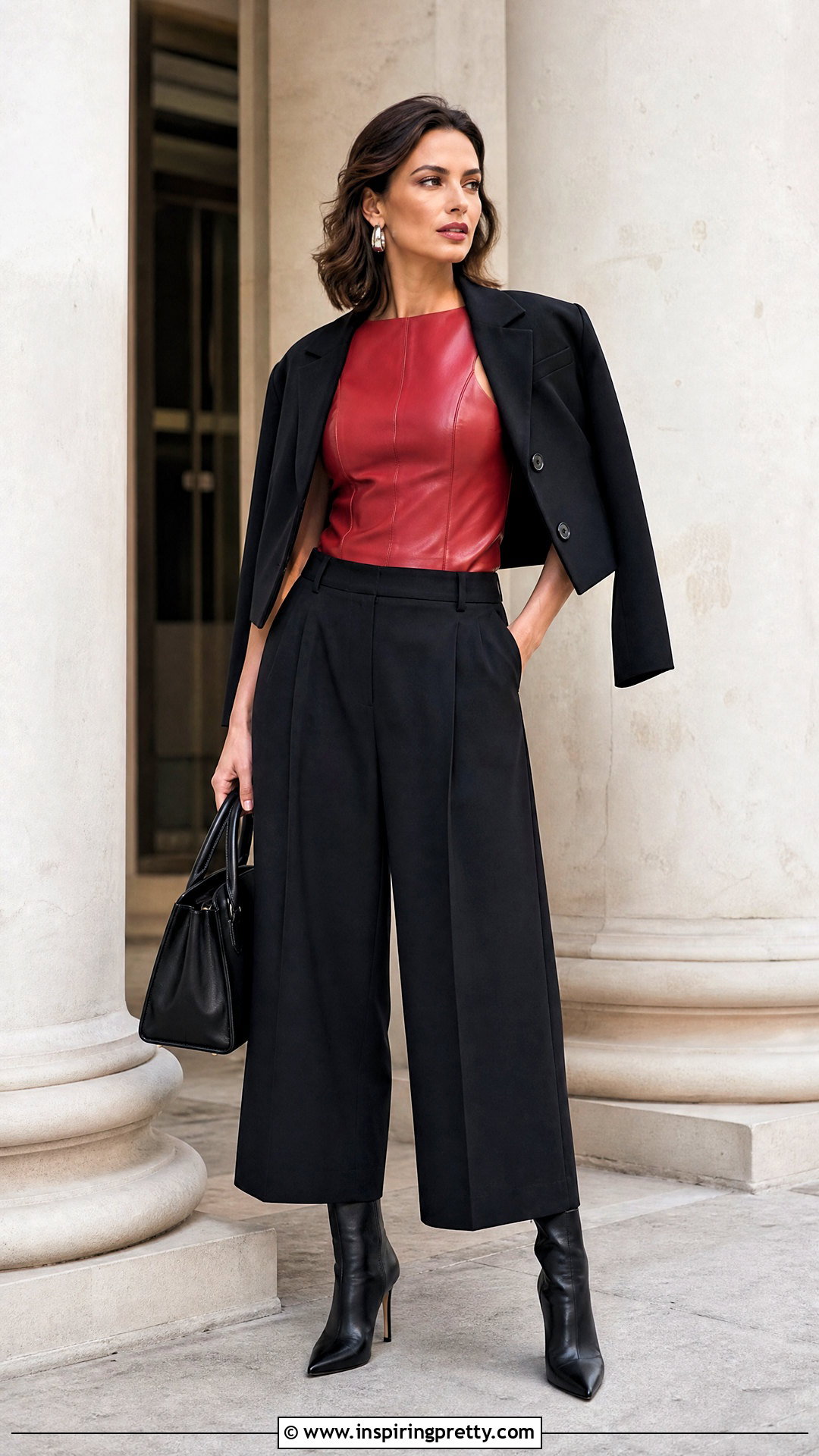 Red Leather Top With Black Culottes - 50 red leather top outfit ideas