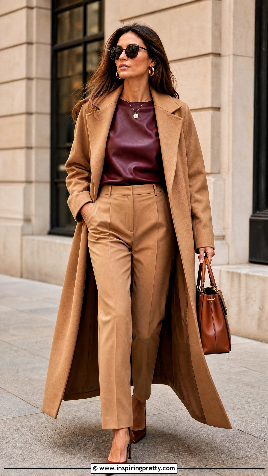 Red Leather Top With Camel Trousers - 50 red leather top outfit ideas