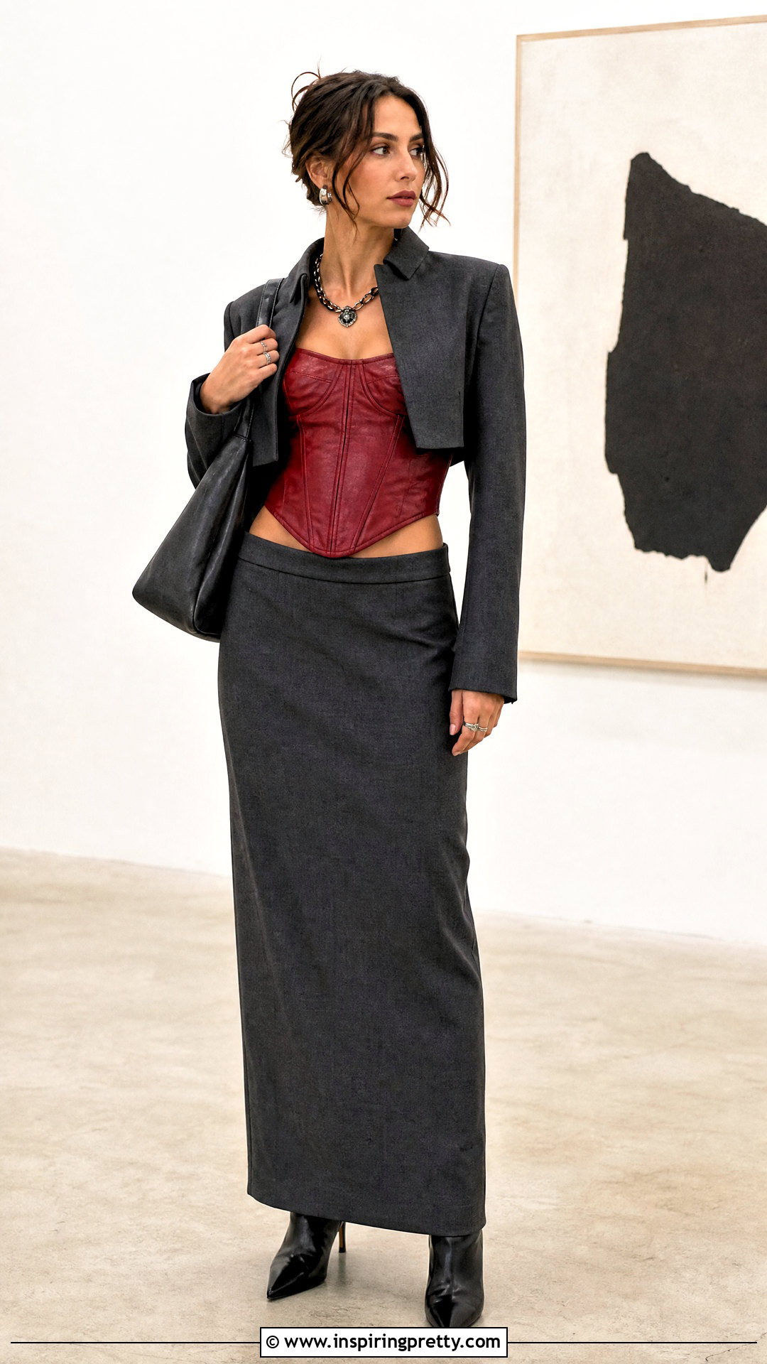 Red Leather Top With Charcoal Maxi Skirt - 50 red leather top outfit ideas
