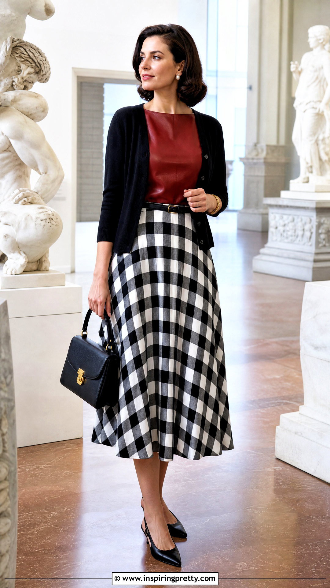 Red Leather Top With Checkered Midi Skirt - 50 red leather top outfit ideas
