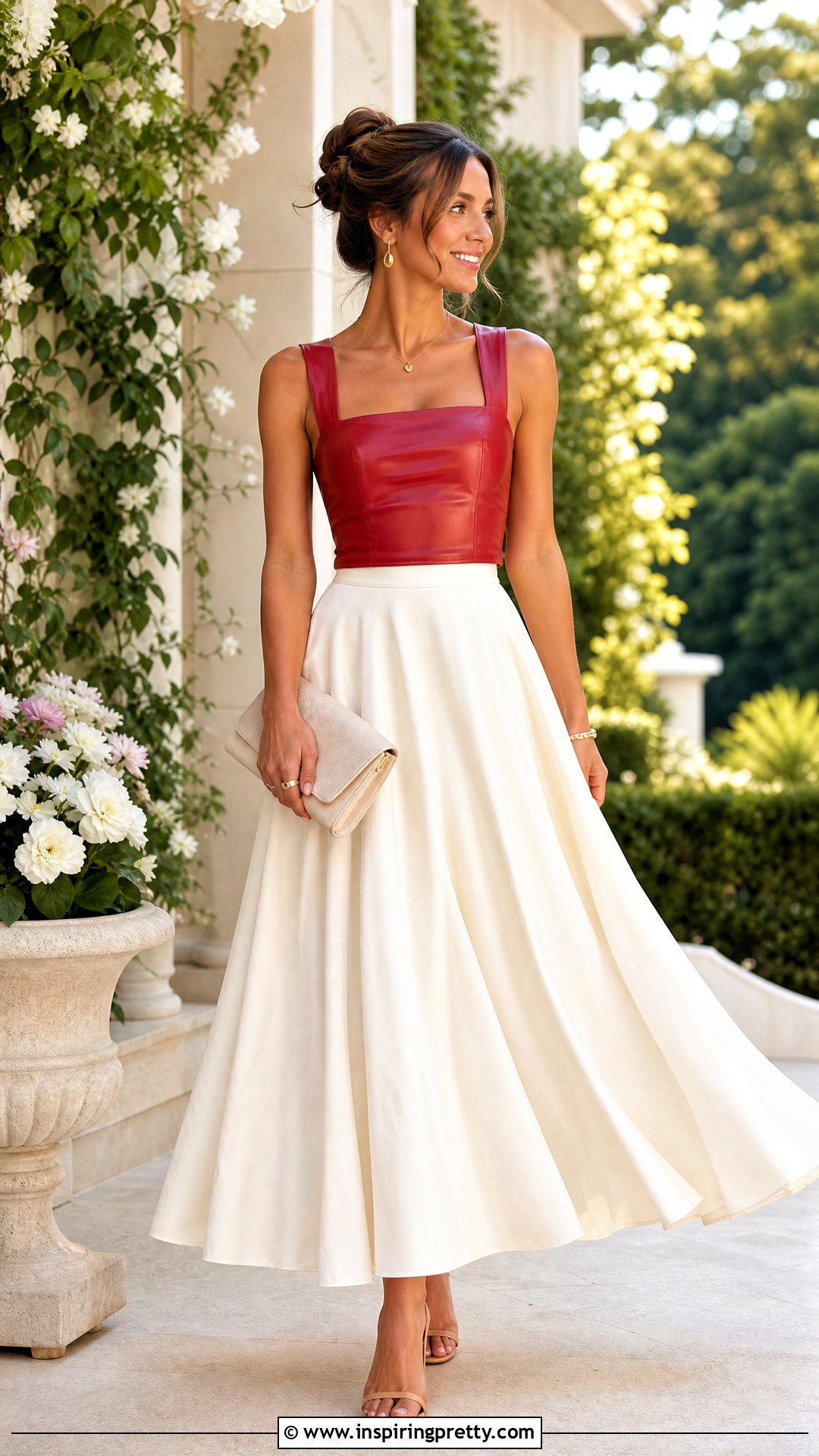Red Leather Top With Ivory Maxi Skirt - 50 red leather top outfit ideas