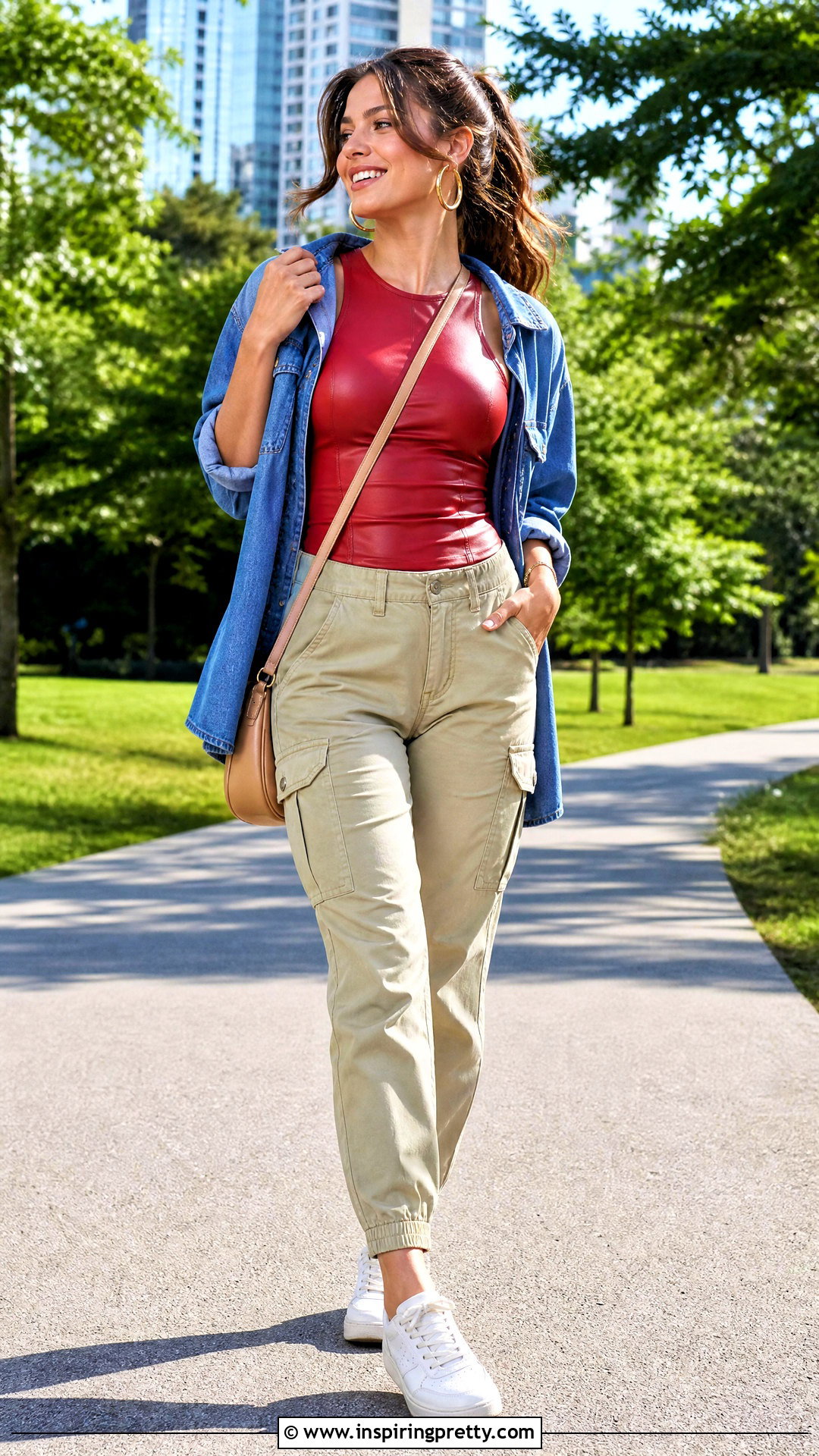 Red Leather Top With Khaki Utility Pants - 50 red leather top outfit ideas